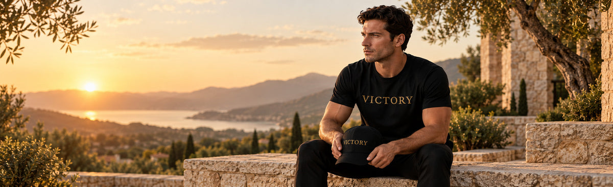 Male model wearing a black VICTORY Christian tee and holding a matching VICTORY cap at sunset