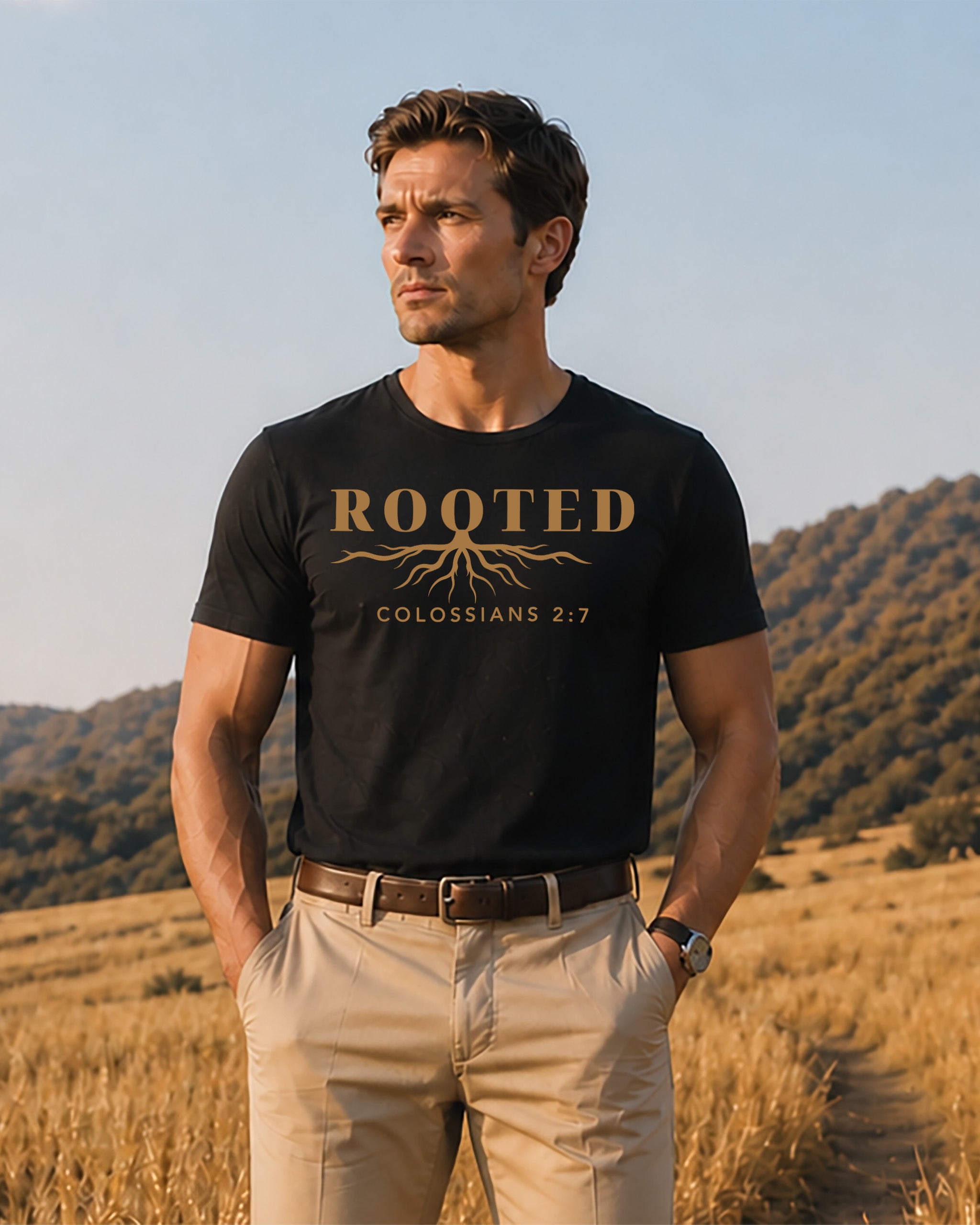 Man wearing a black t-shirt with 'Rooted' text in a field