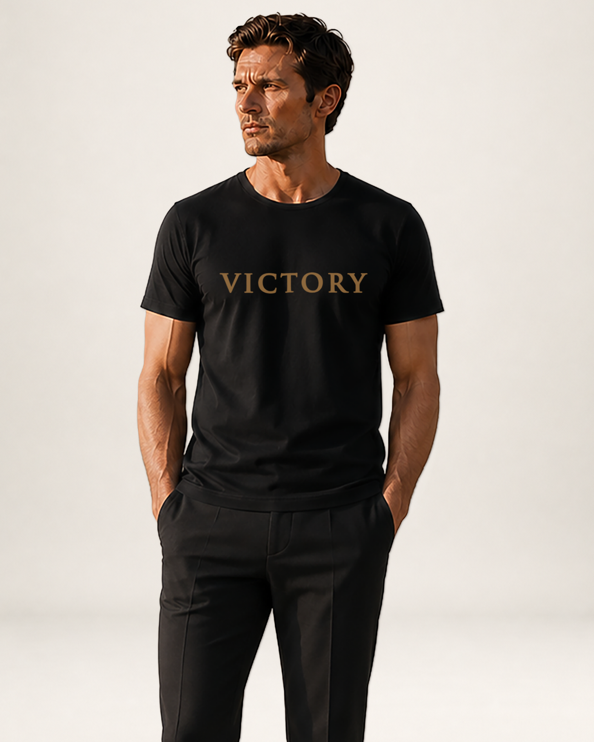 A man wearing a black short-sleeve t-shirt with the word 'VICTORY' printed in gold across the chest, paired with black trousers, against a plain light background.