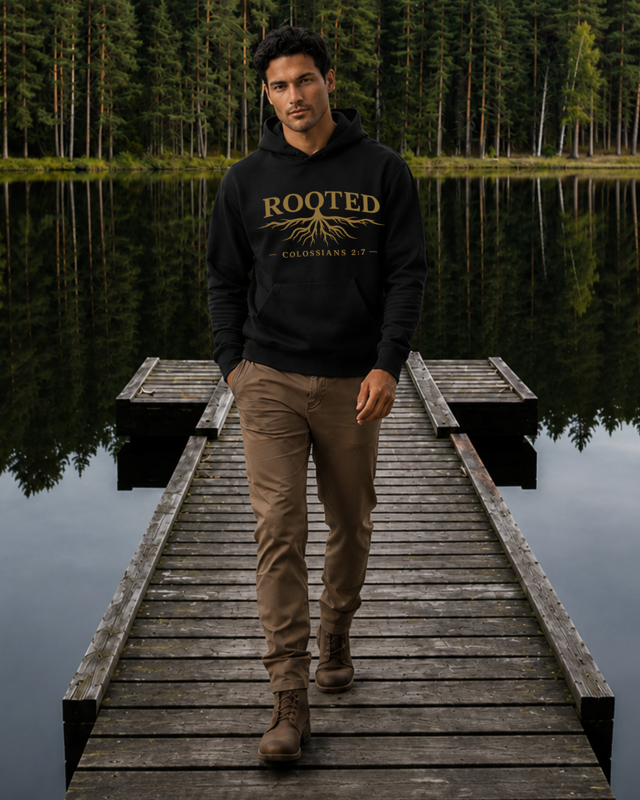 A man walks down a wooden dock over calm water toward a black pullover hoodie with a large gold 'ROOTED' and tree graphic on the chest. The background shows a dense forest reflected in the water.