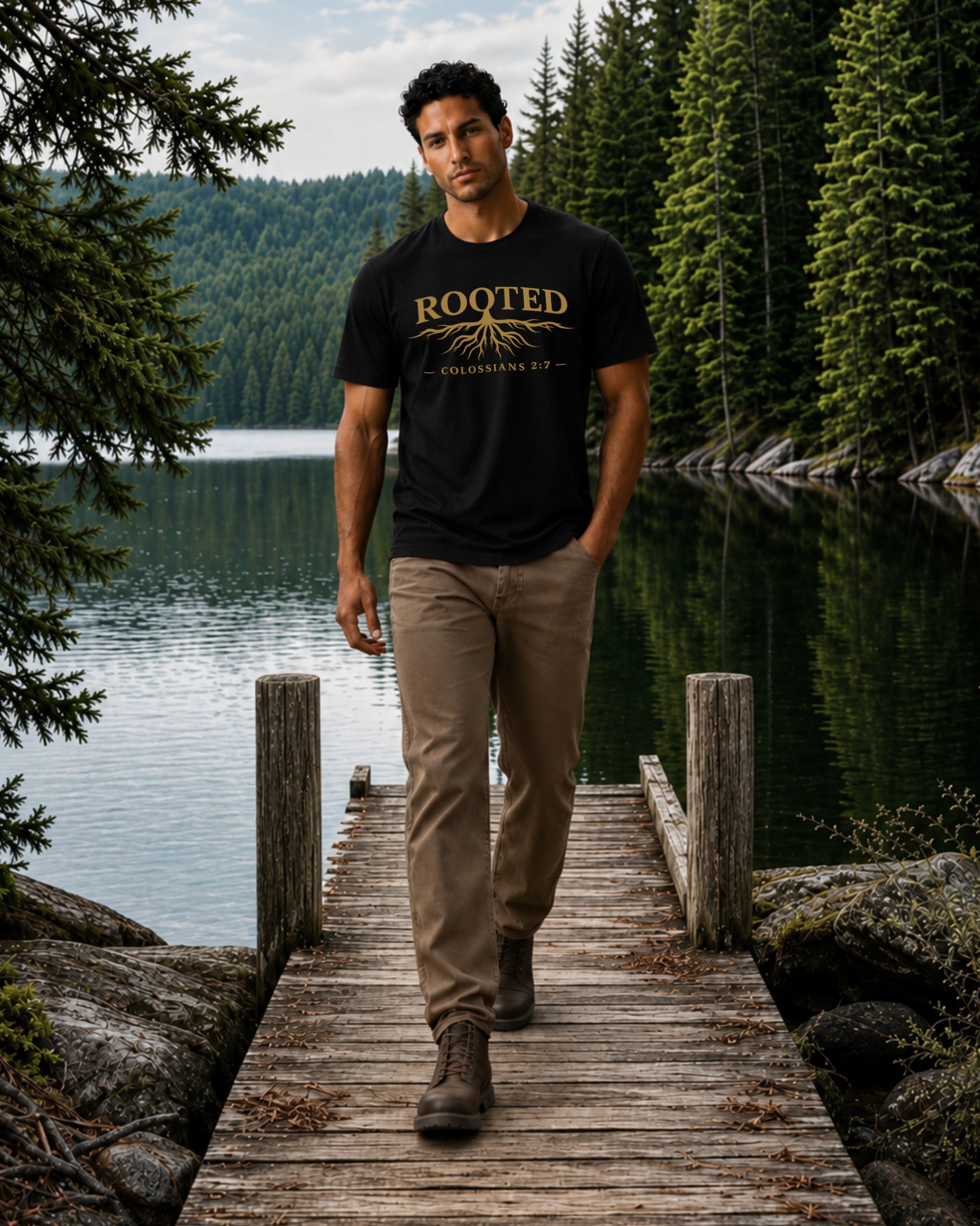 A man walking on a wooden dock by a lake, wearing a black t-shirt with a gold 'ROOTED OREGON 87' graphic, tan pants, and brown boots.
