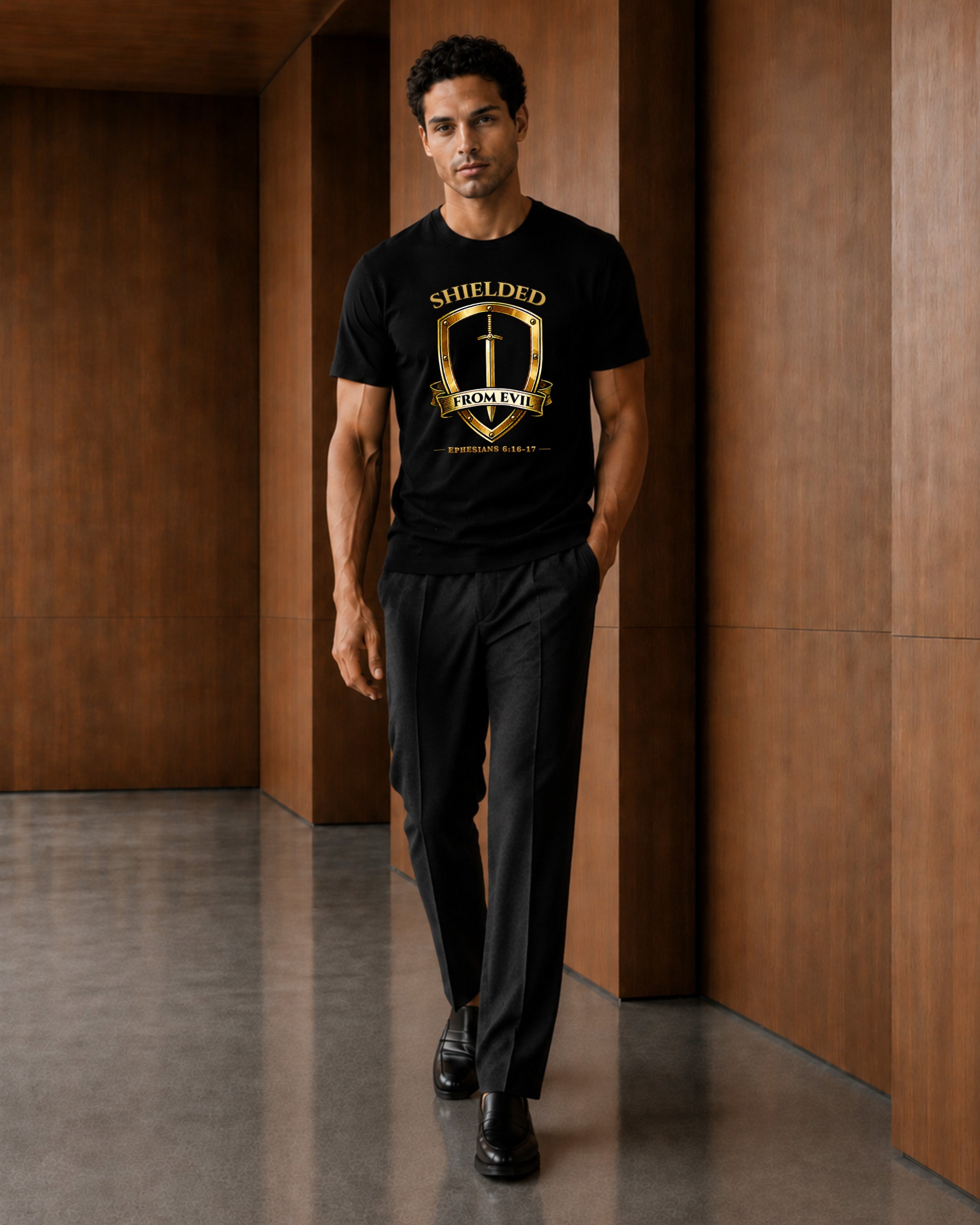 A man wearing a black t-shirt with a gold shield graphic that reads 'SHIELDED BY LAW' and black trousers, walking down a hallway with wood-paneled walls.