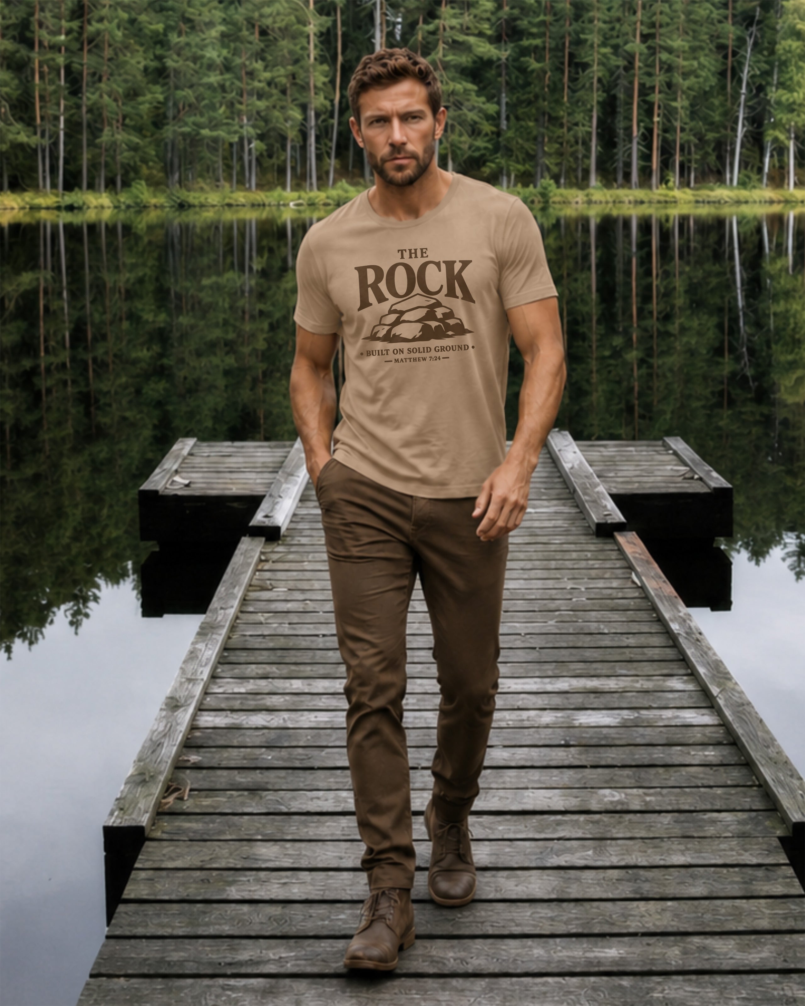 A man walking on a wooden dock by a calm lake, wearing a tan graphic t-shirt with 'THE ROCK' printed on the chest, brown pants, and brown boots.