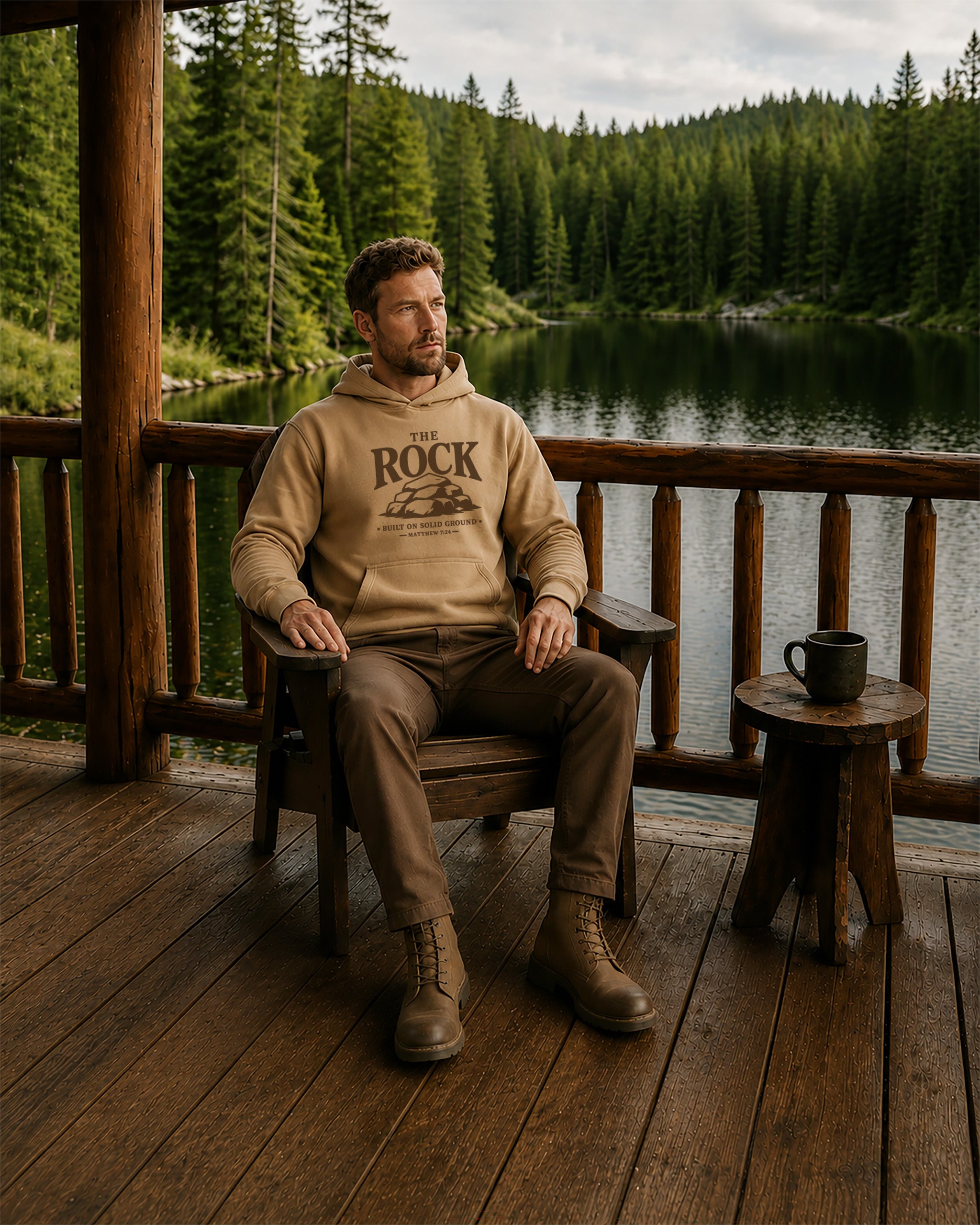 A man sits on a wooden chair on a rustic lakeside porch wearing a beige hoodie with a dark graphic print that reads 'ROCKY 14'. The background features a scenic forest and lake, with a small wooden side table next to him holding a black mug.