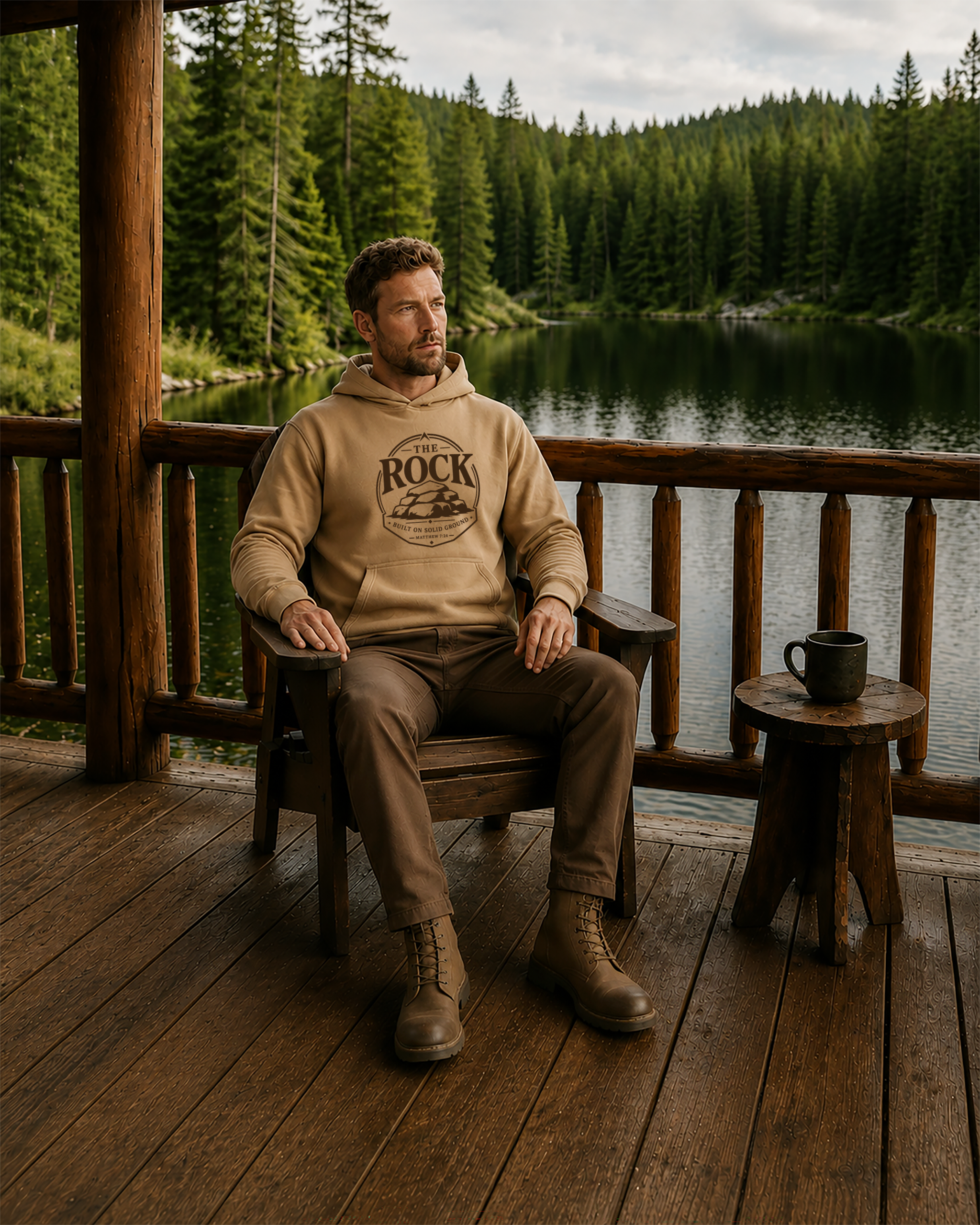A man sits on a wooden chair on a rustic lakeside porch wearing a beige hoodie with a dark graphic print that reads 'ROCKY 14'. The background features a scenic forest and lake, with a small wooden side table next to him holding a black mug.