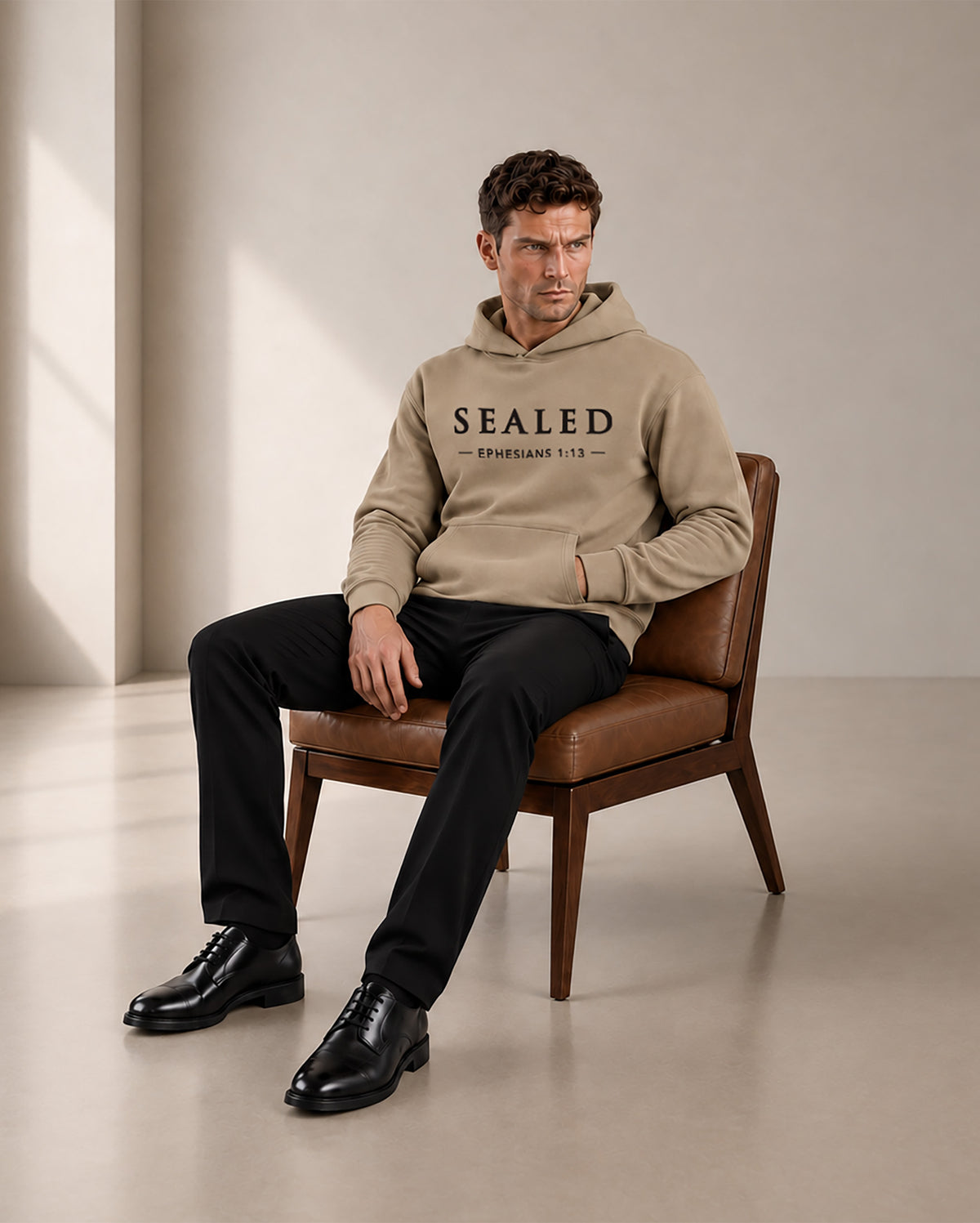 Seated lifestyle image of a man in the sand SEALED hoodie, tailored black trousers and black leather shoes in a softly lit minimalist studio.