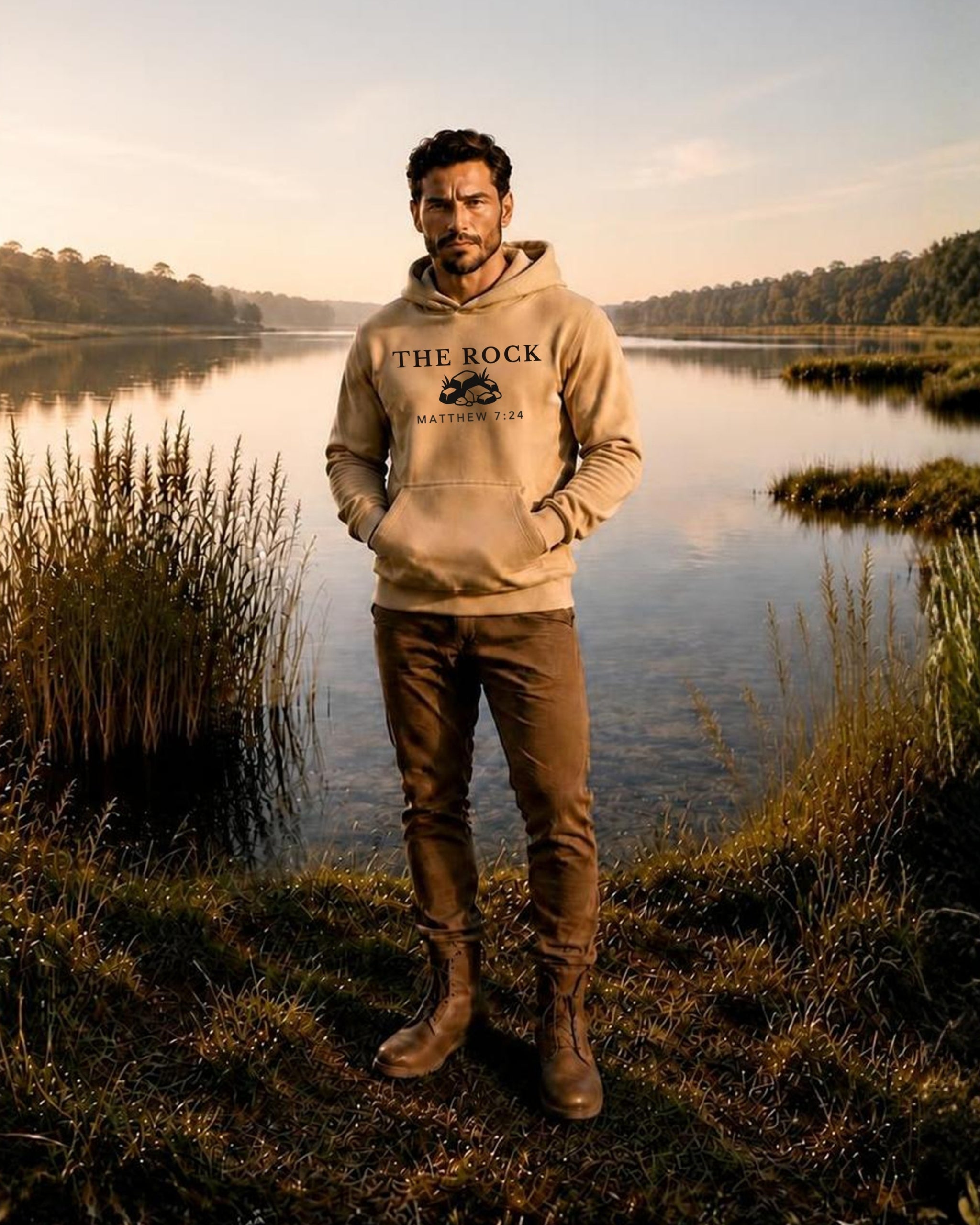 Man wearing a hoodie with 'The Rock' text standing by a lake