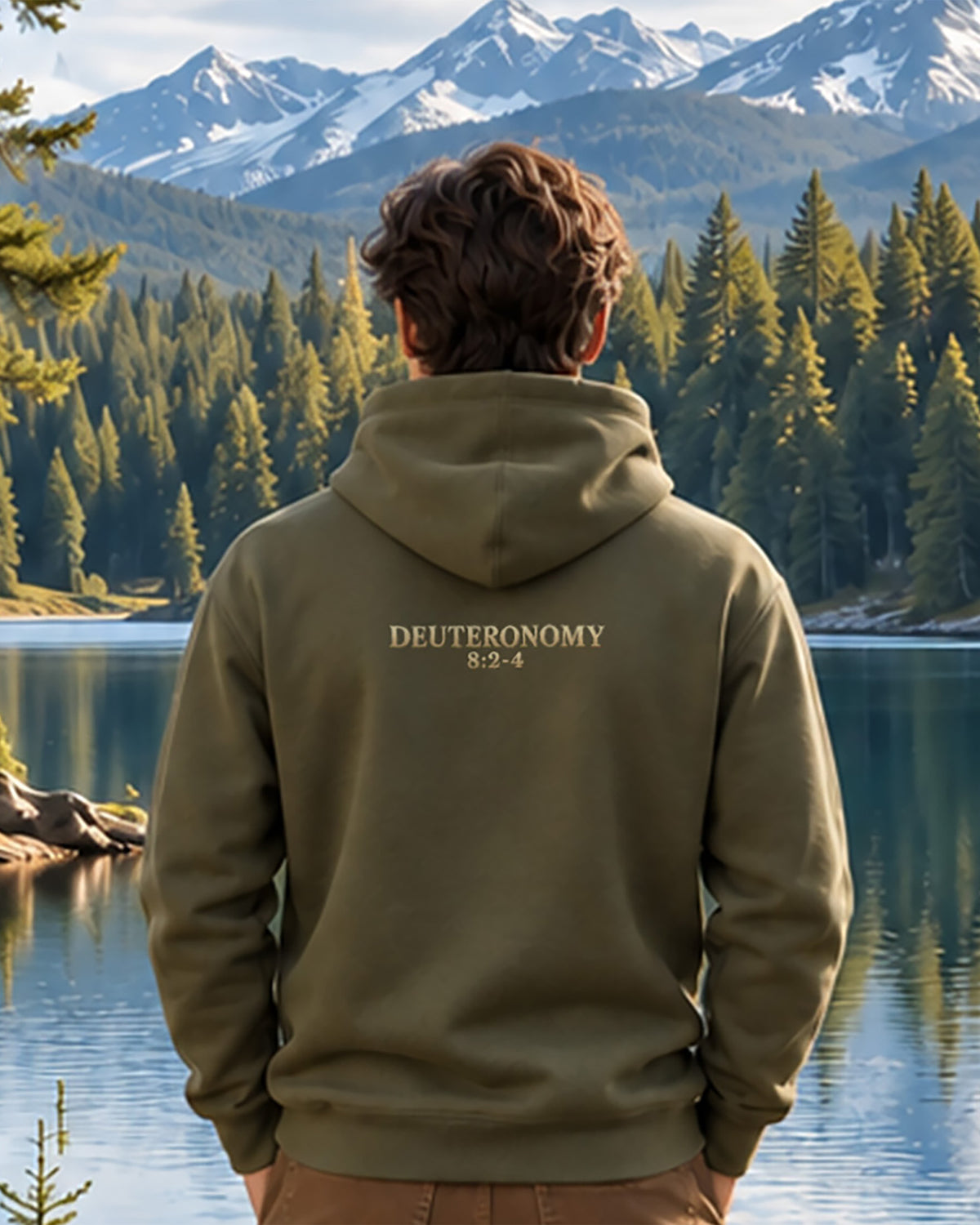 A man viewed from behind wearing an olive green hoodie with 'DEUTERONOMY 8:2-4' printed in gold on the back, standing in front of a scenic mountain and lake background.
