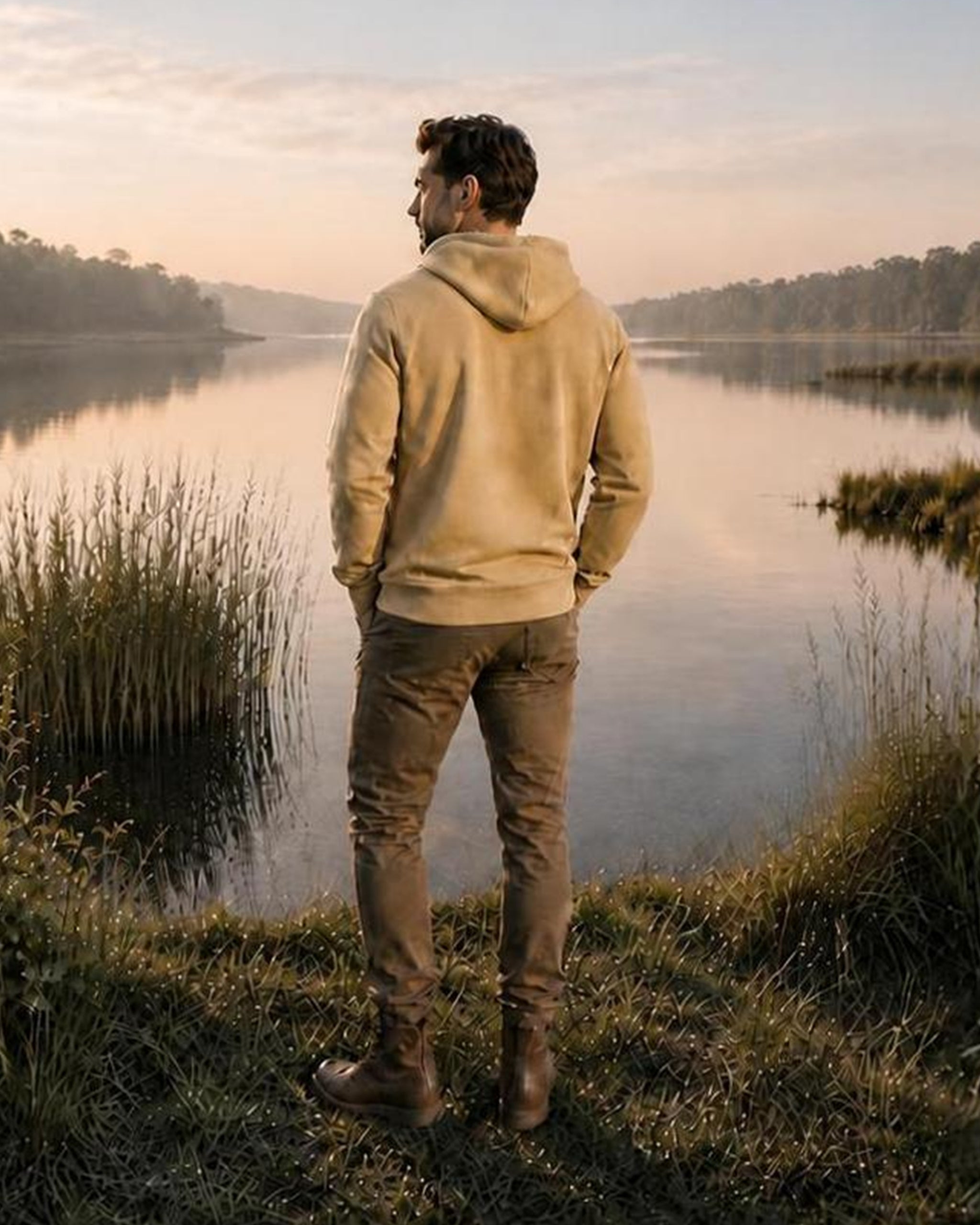 Man standing by a lake at sunset wearing a beige hoodie and brown pants.