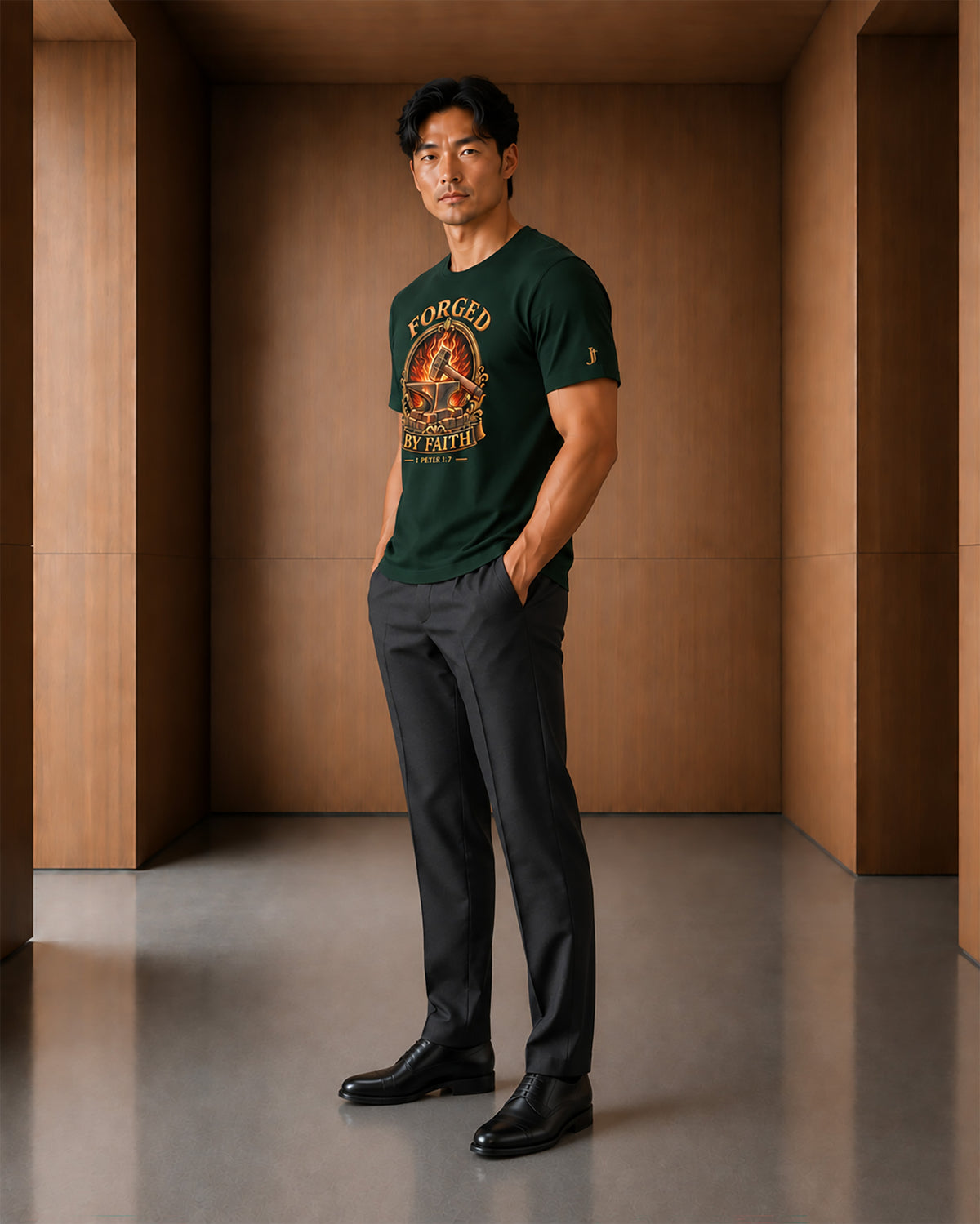 A man stands in a minimalist indoor setting with warm wood paneling, wearing a dark forest green graphic t-shirt with 'FEDDED BY FAITH' printed on the front, paired with dark trousers and black dress shoes.
