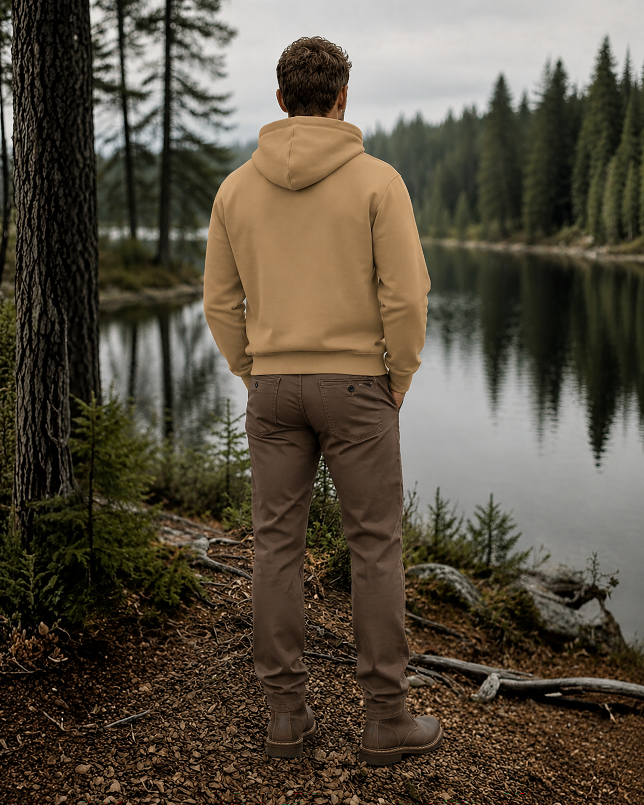 A man stands with his back to the camera on a forest lakeshore, wearing a tan hoodie and brown pants.