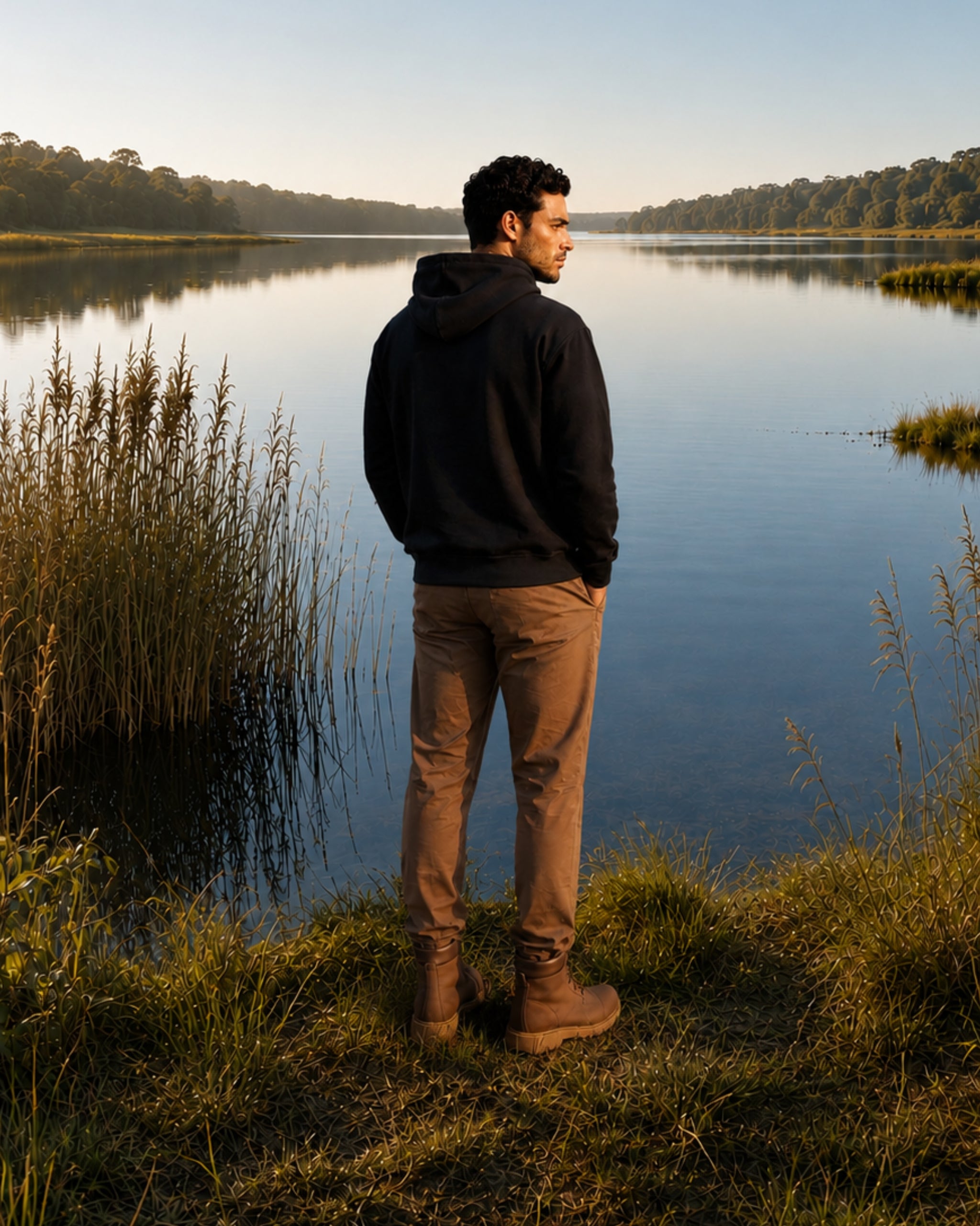 rooted black hoodie man back view