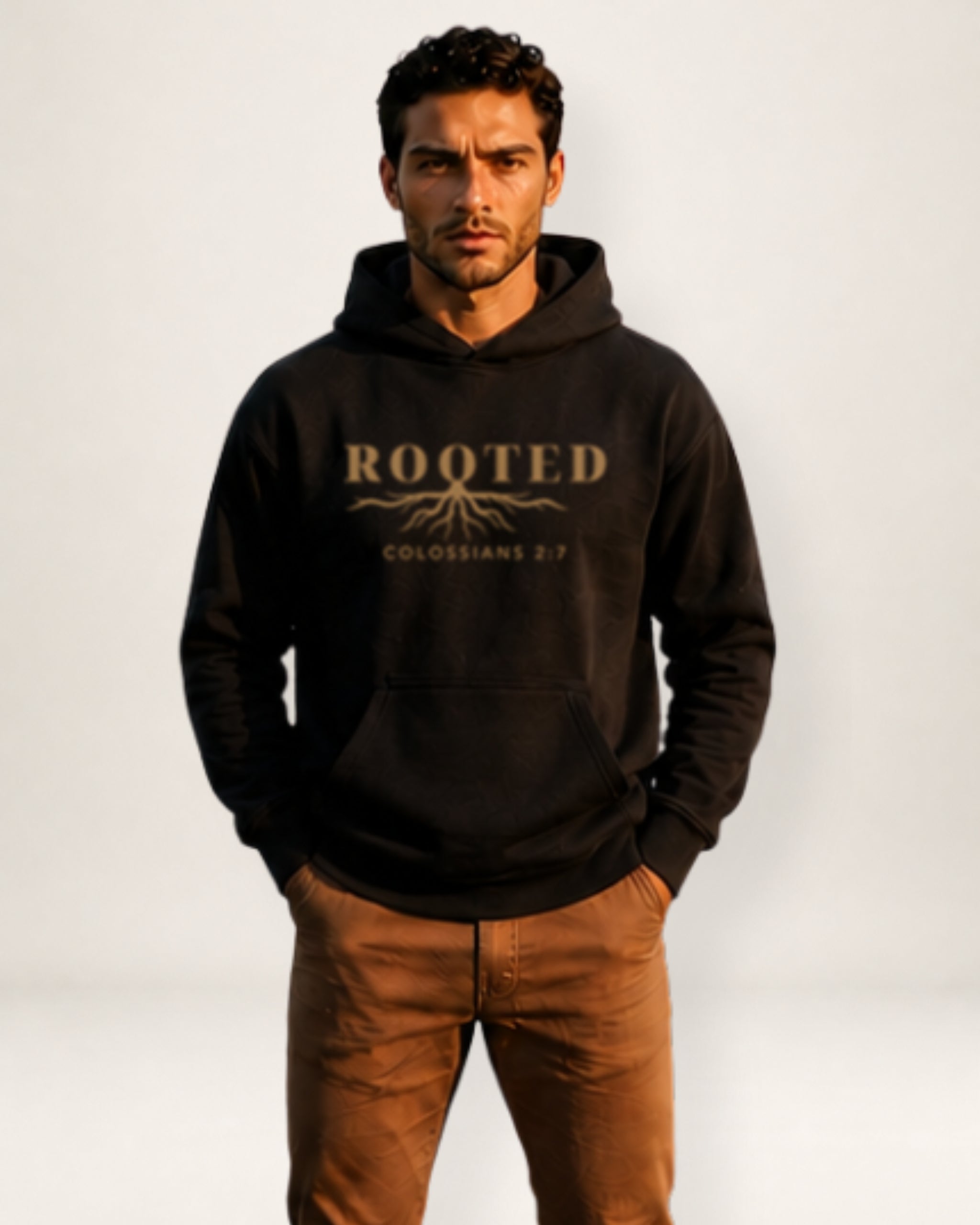 Man wearing a black hoodie with 'Rooted' text on a white background