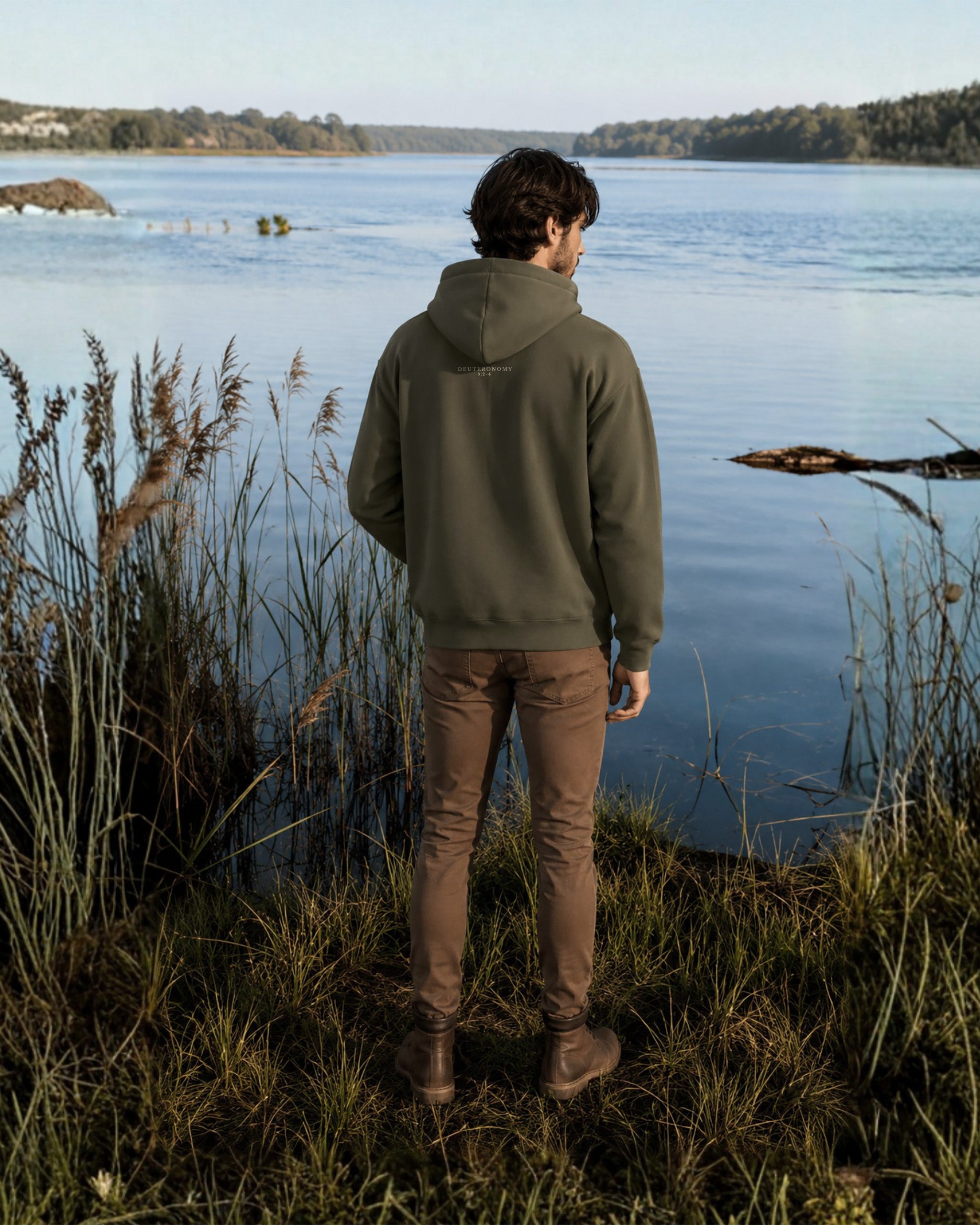 Person standing by a lake wearing a green hoodie and brown pants.