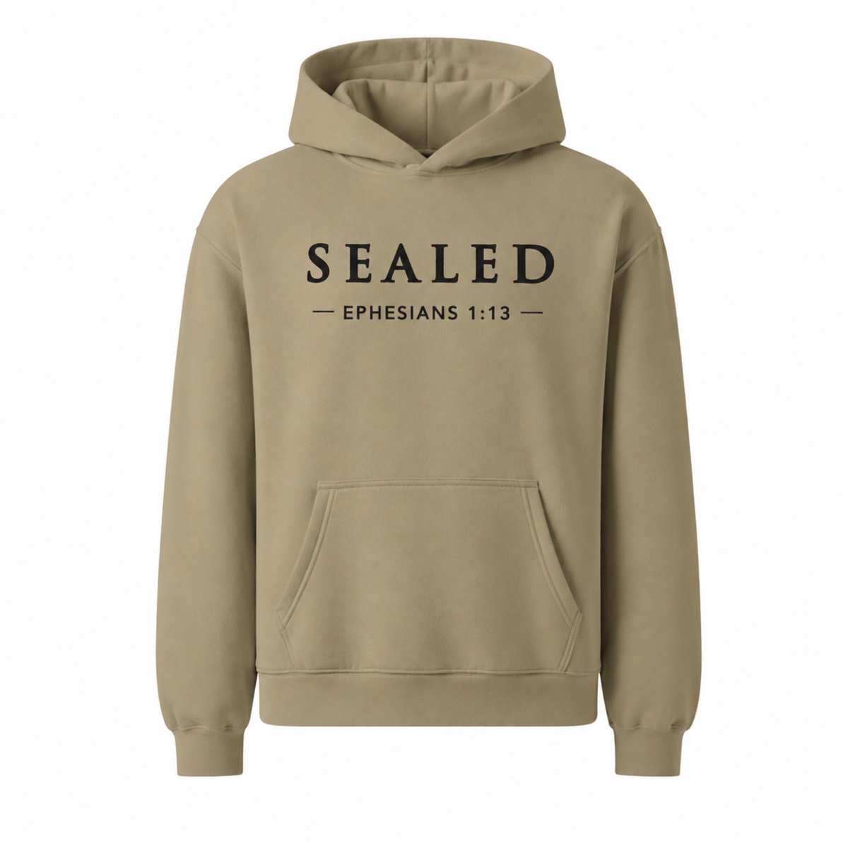Front ghost mannequin mockup of the sand SEALED pullover hoodie, showing the black serif SEALED wordmark, Ephesians 1:13 lettering and kangaroo pocket.