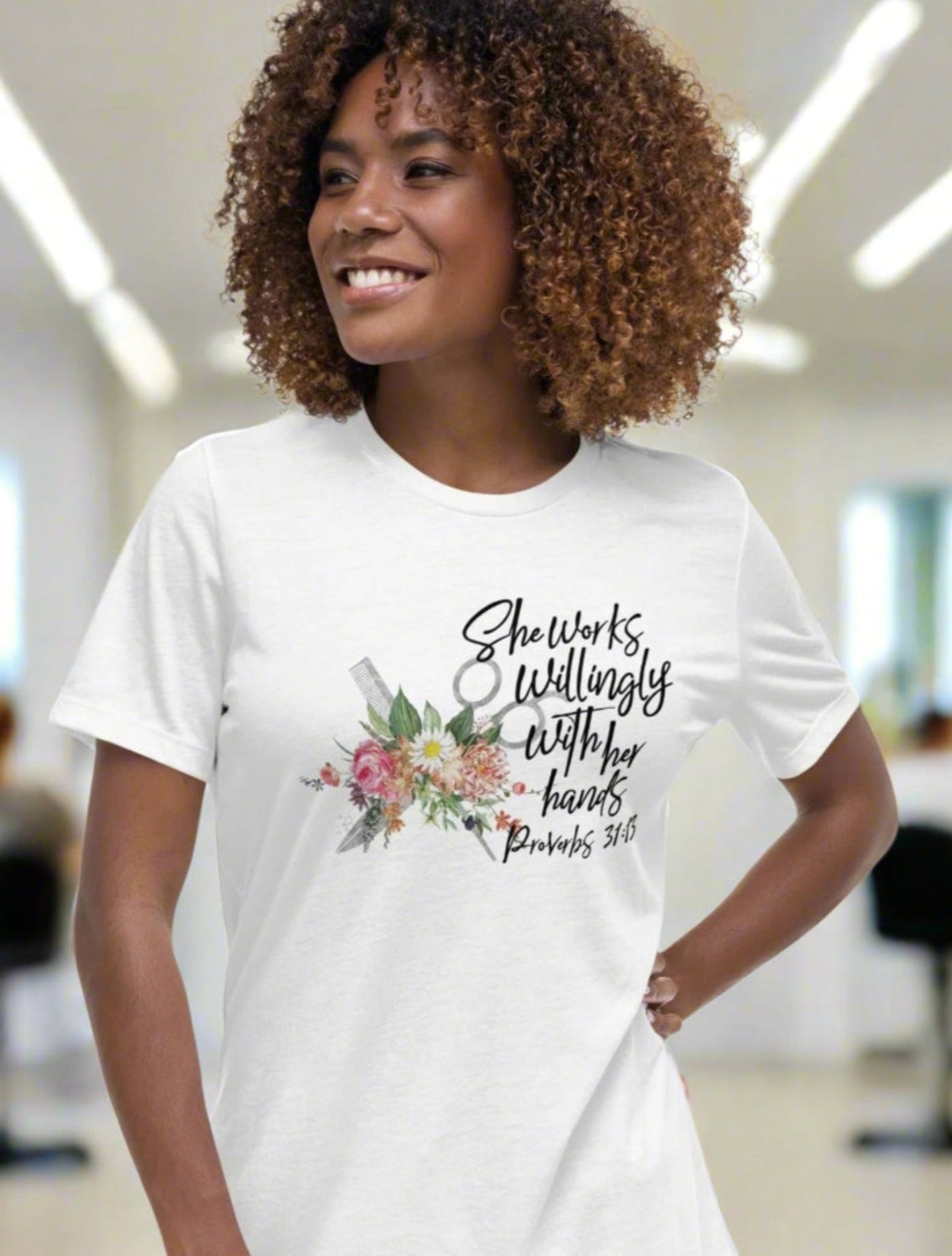 Hair Stylist-Works willingly womens-relaxed-t-shirt-white-Front view Jesus Passion Apparel