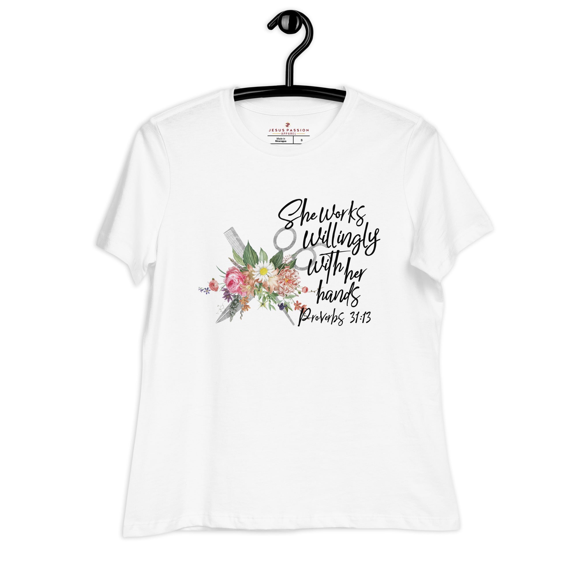 Hair Stylist-Works willingly womens-relaxed-t-shirt-white-hanging Jesus Passion Apparel