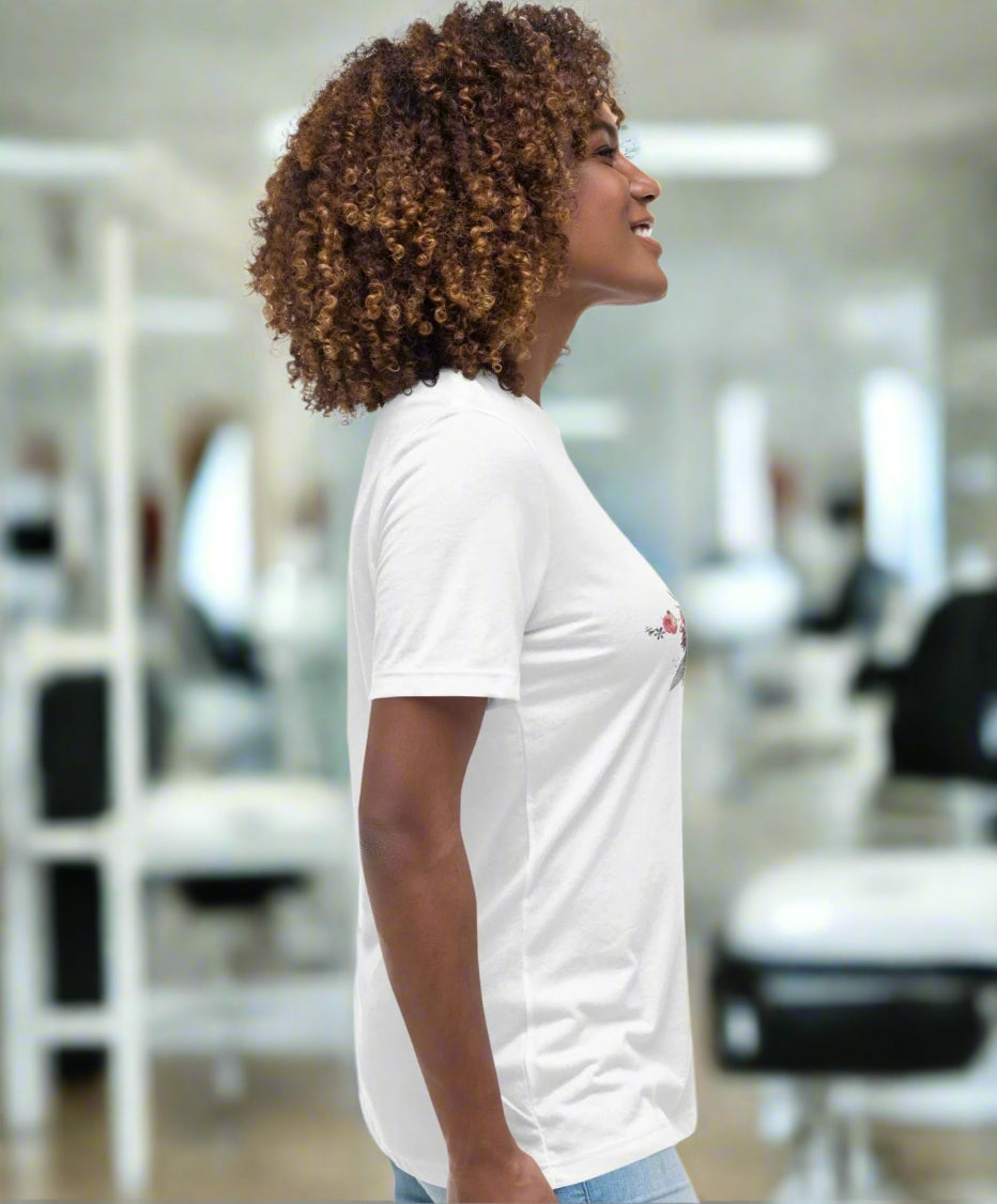 Hair Stylist-Works willingly womens-relaxed-t-shirt-white-side view 2Jesus Passion Apparel
