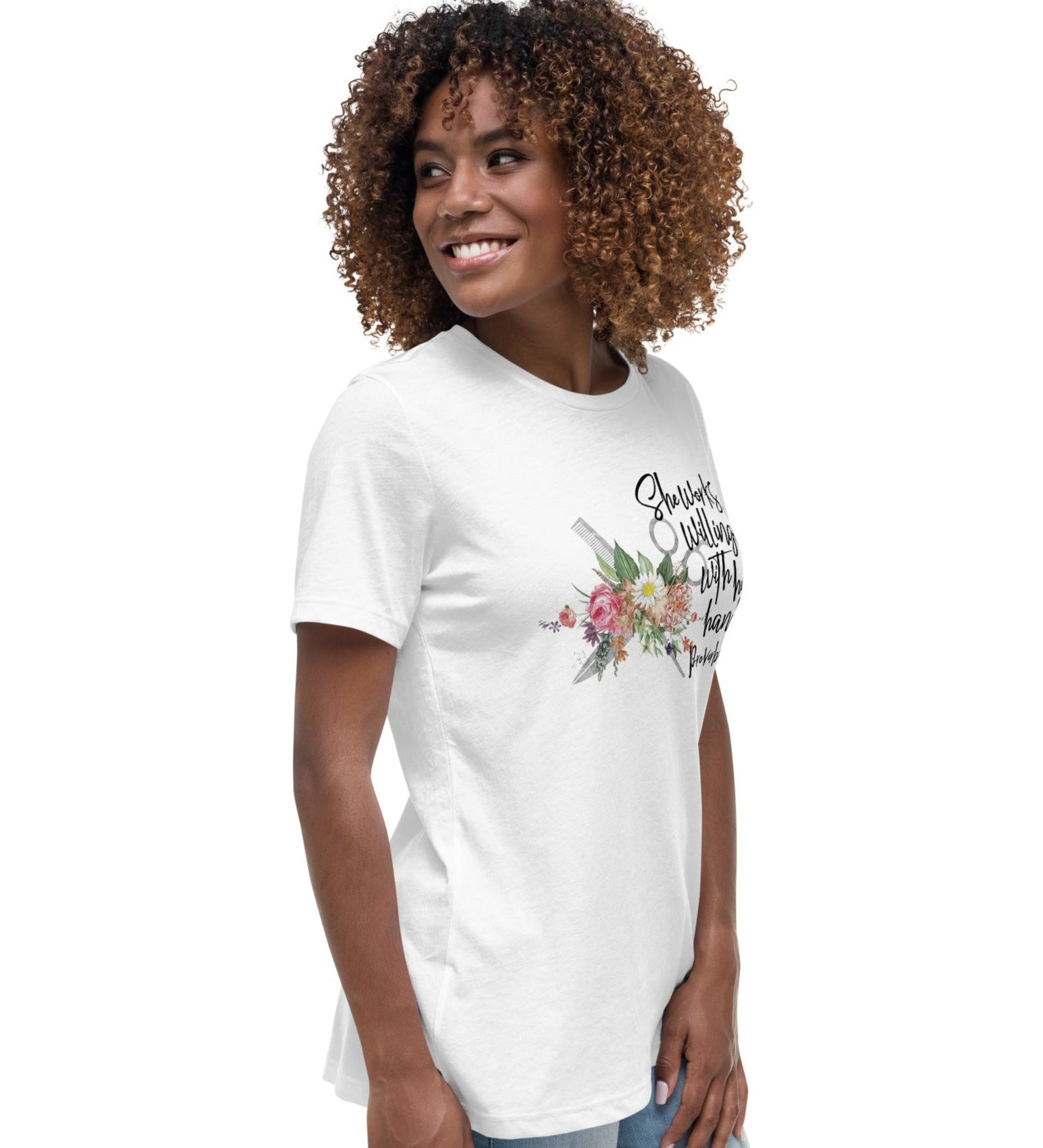 Hair Stylist-Works willingly womens-relaxed-t-shirt-white-side view Jesus Passion Apparel