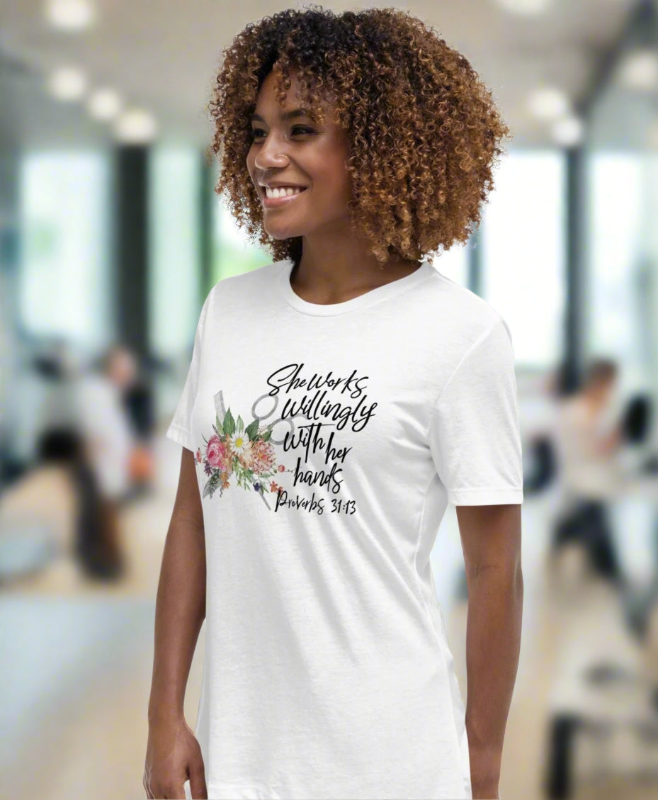 Hair Stylist-Works willingly womens-relaxed-t-shirt-white Jesus Passion Apparel