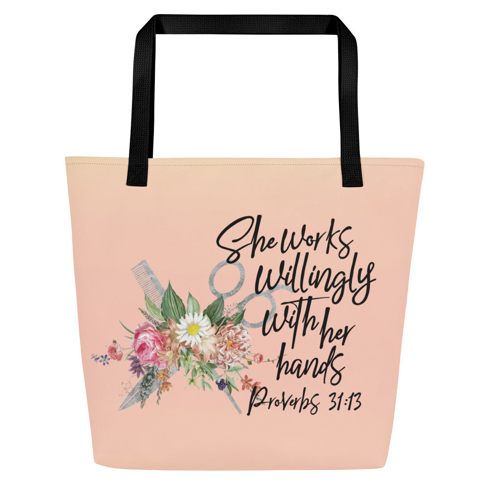 Hair Stylist - She Works Willingly Tote Bag front Jesus Passion Apparel