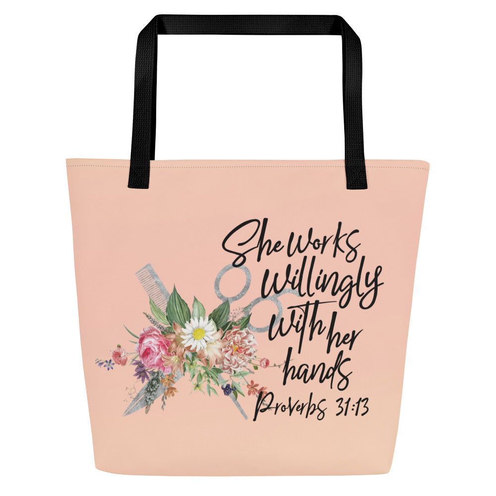 Hair Stylist - She Works Willingly Tote Bag front Jesus Passion Apparel