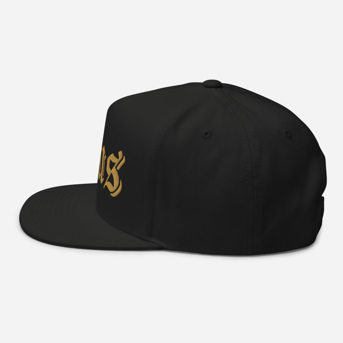 BLACK cap with GOLD text LEFT VIEW
