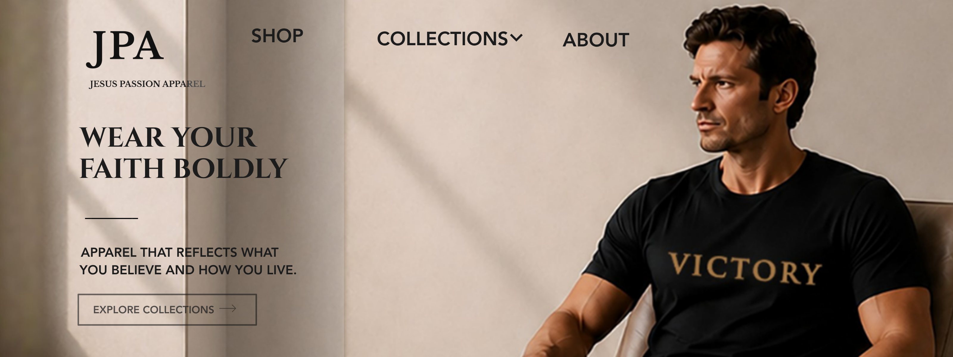 A man wearing a black t-shirt with 'VICTORY' printed in gold sits on a beige couch, next to a website banner for 'JPA' (Jesus Passion Apparel) on the left.