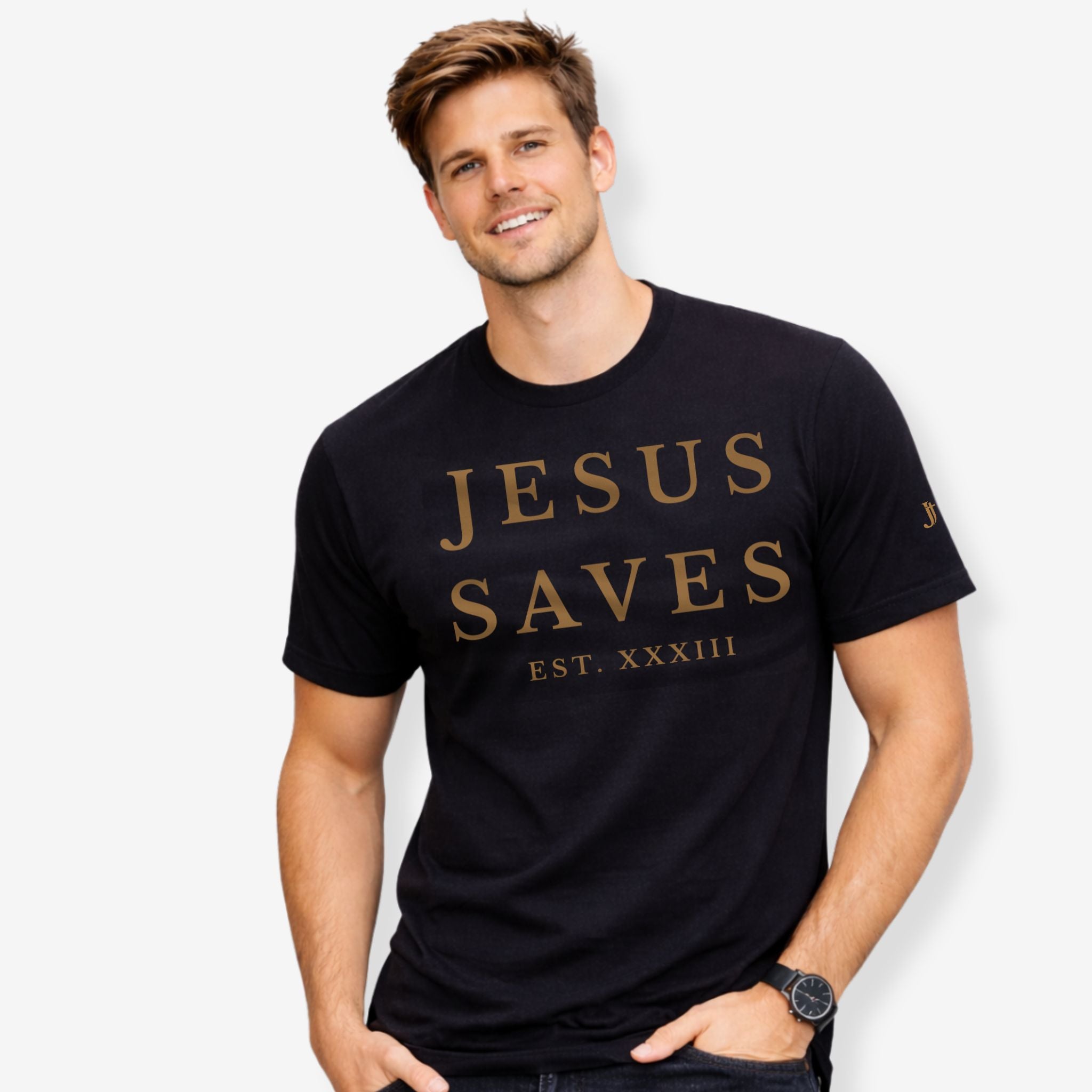 Man wearing a black t-shirt with 'JESUS SAVES' text on a white background