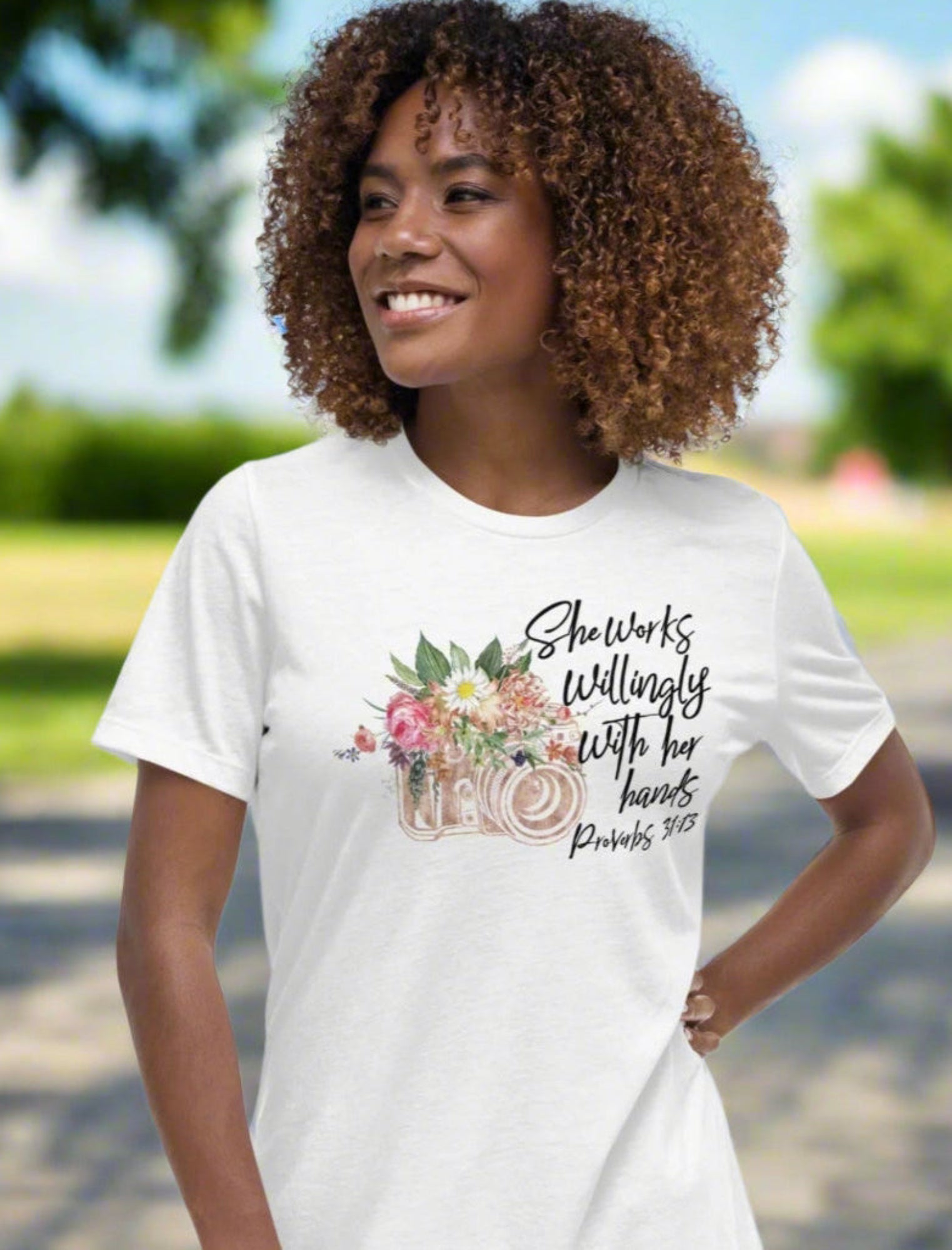Photographer - She Works Willingly T-shirt front view Jesus Passion Apparel
