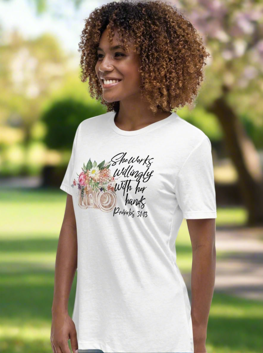 Photographer - She Works Willingly T-shirt side view Jesus Passion Apparel