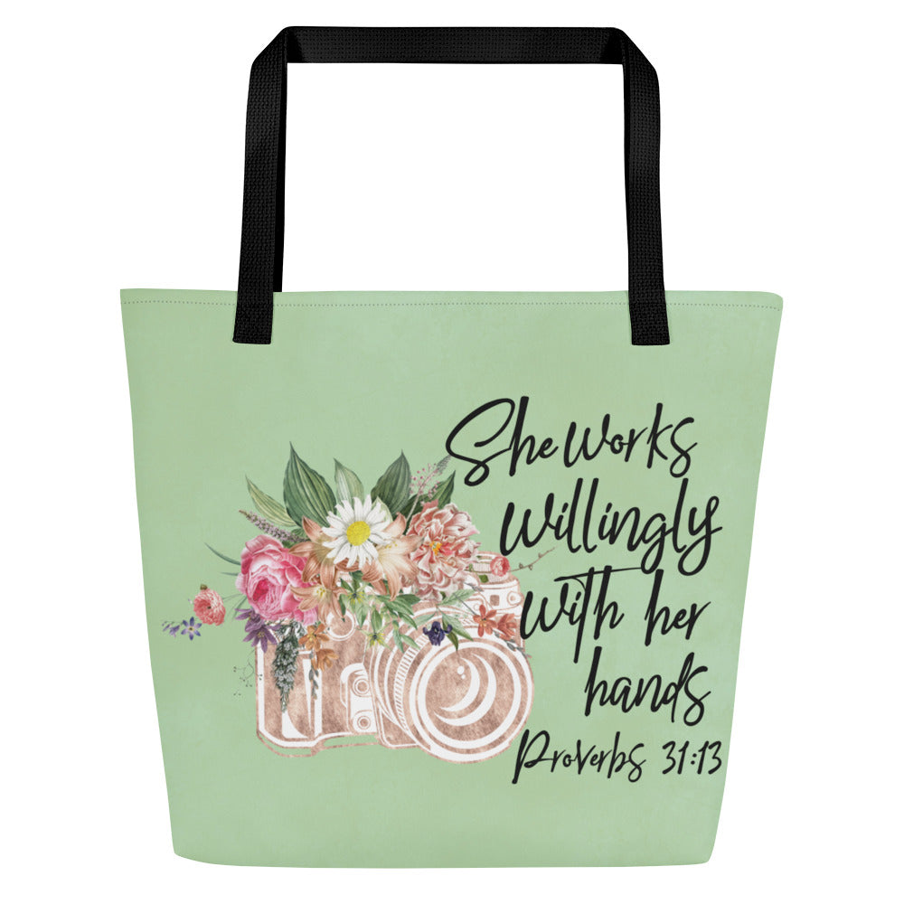 Photographer - She Works Willingly Tote Bag front