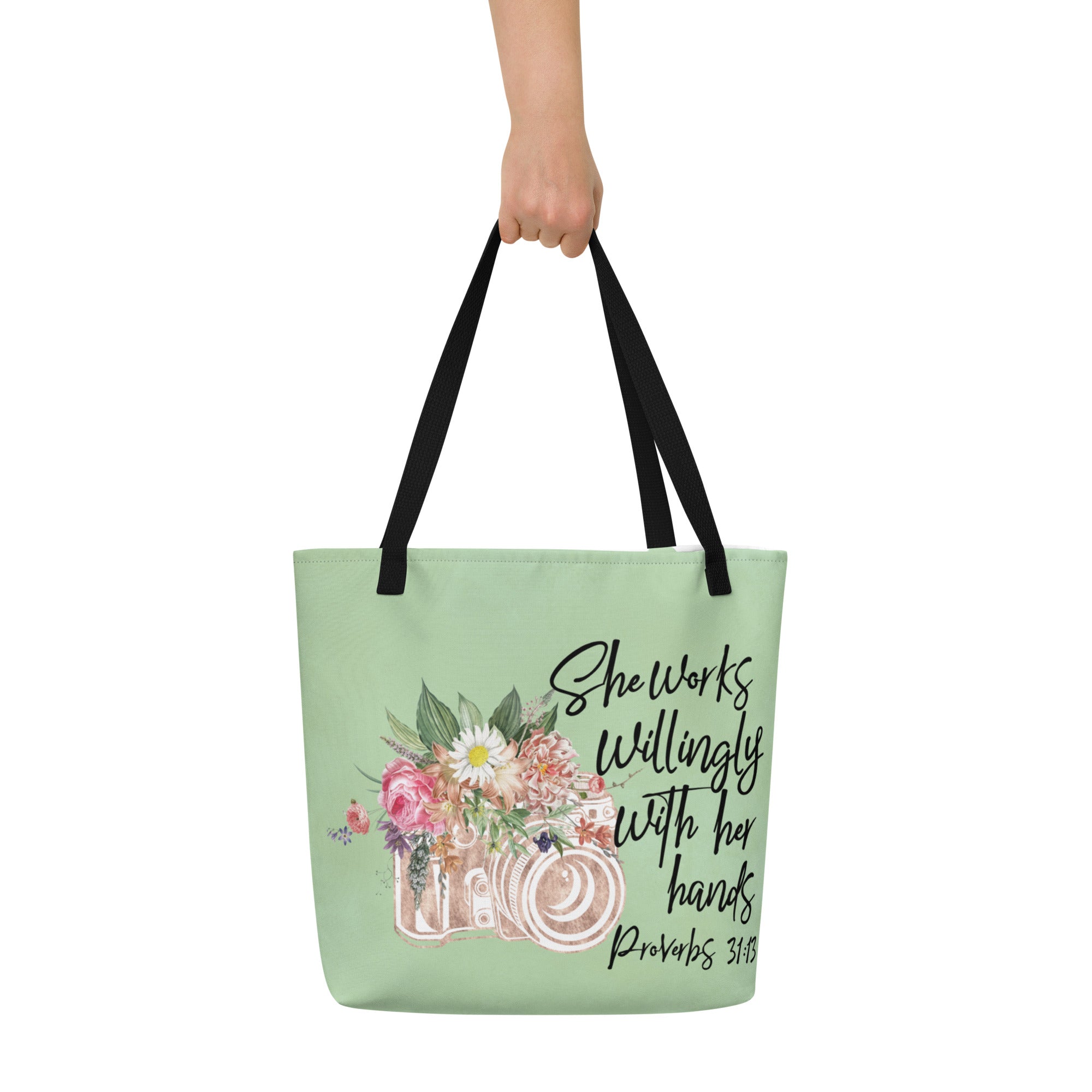 Photographer - She Works Willingly Tote Bag hand