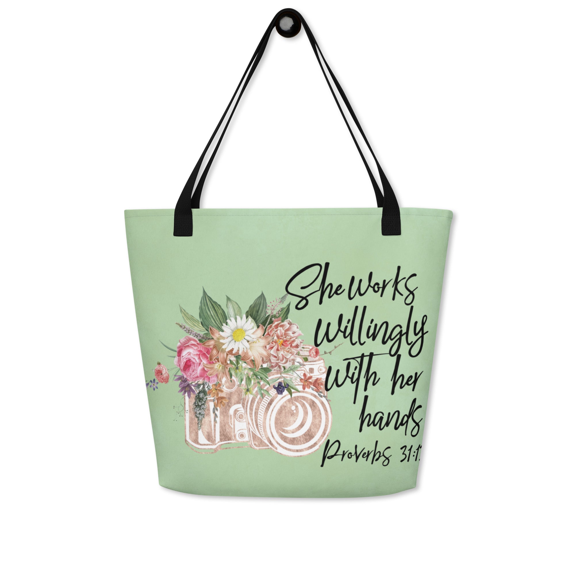 Photographer - She Works Willingly Tote Bag hanging