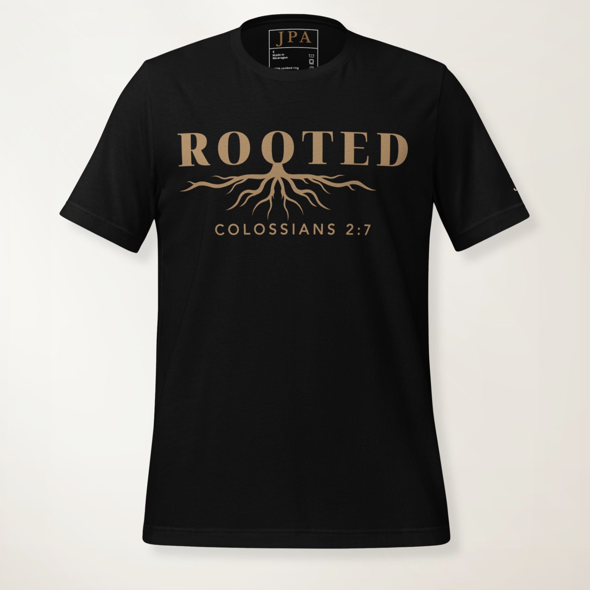 Black t-shirt with 'Rooted Colossians design on a light gray background