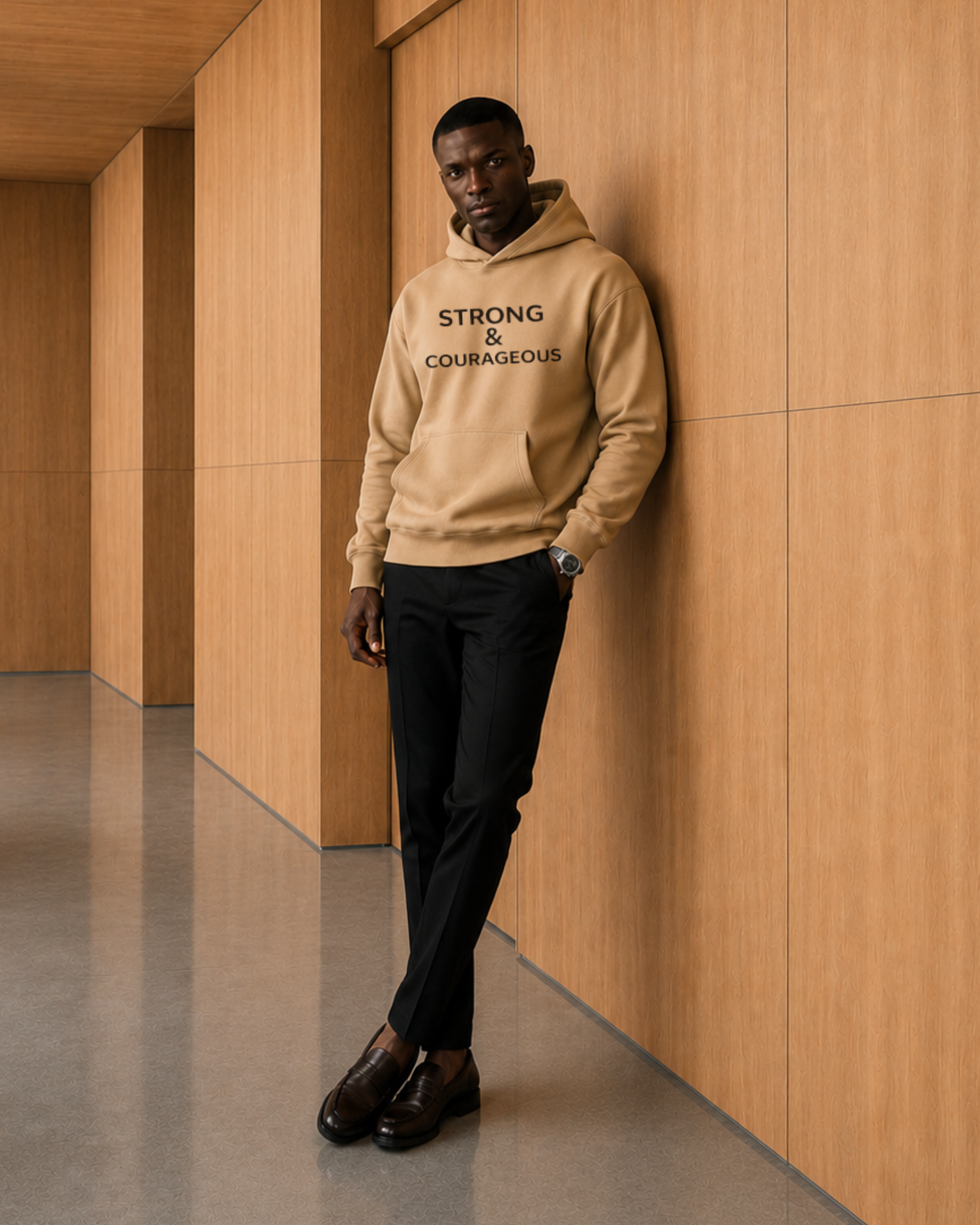 Man wearing a beige hoodie with text leaning against a wooden wall.