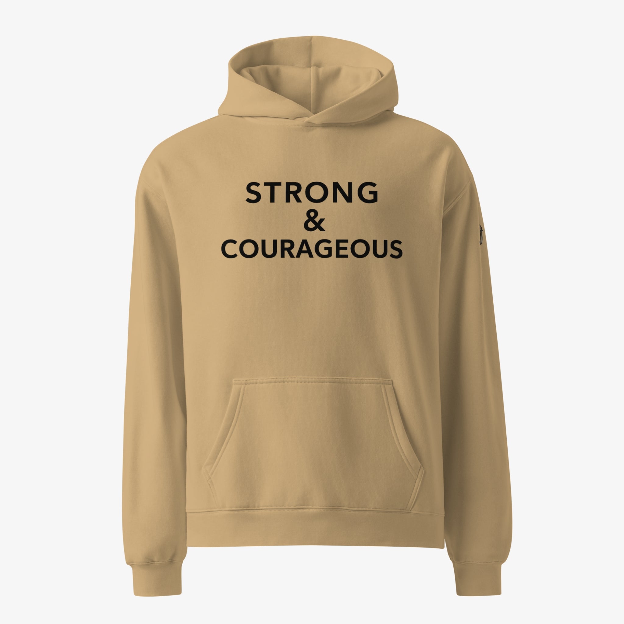 Beige hoodie with 'STRONG & COURAGEOUS' text on a white background