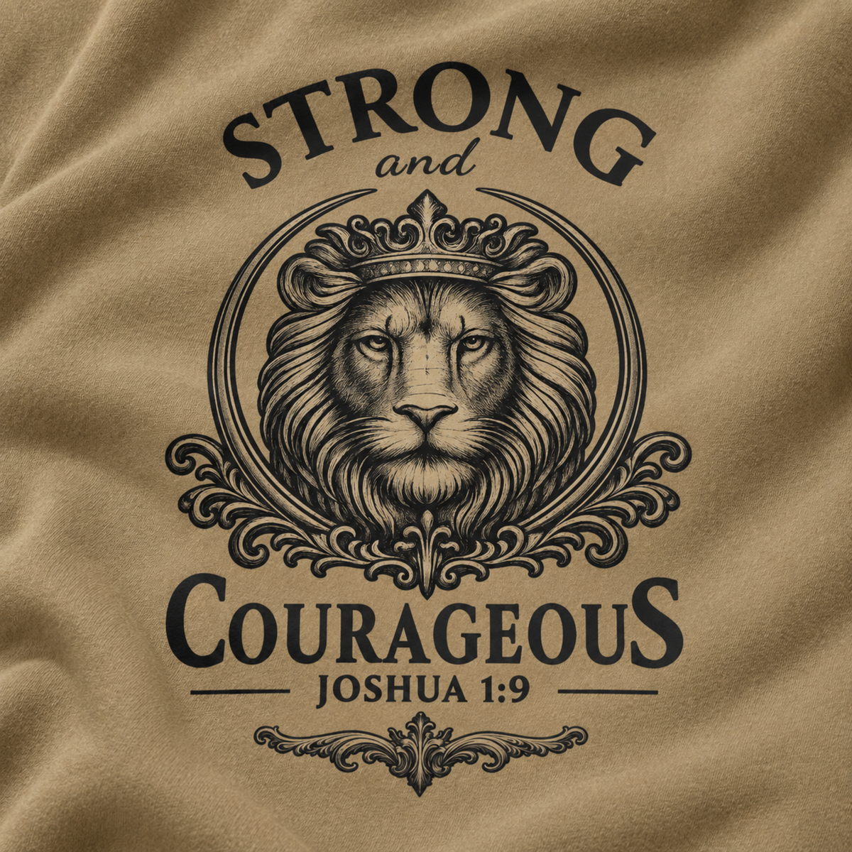 Fabric and print close-up of the Strong & Courageous sand hoodie showing the detailed black crowned lion artwork and Joshua 1:9.
