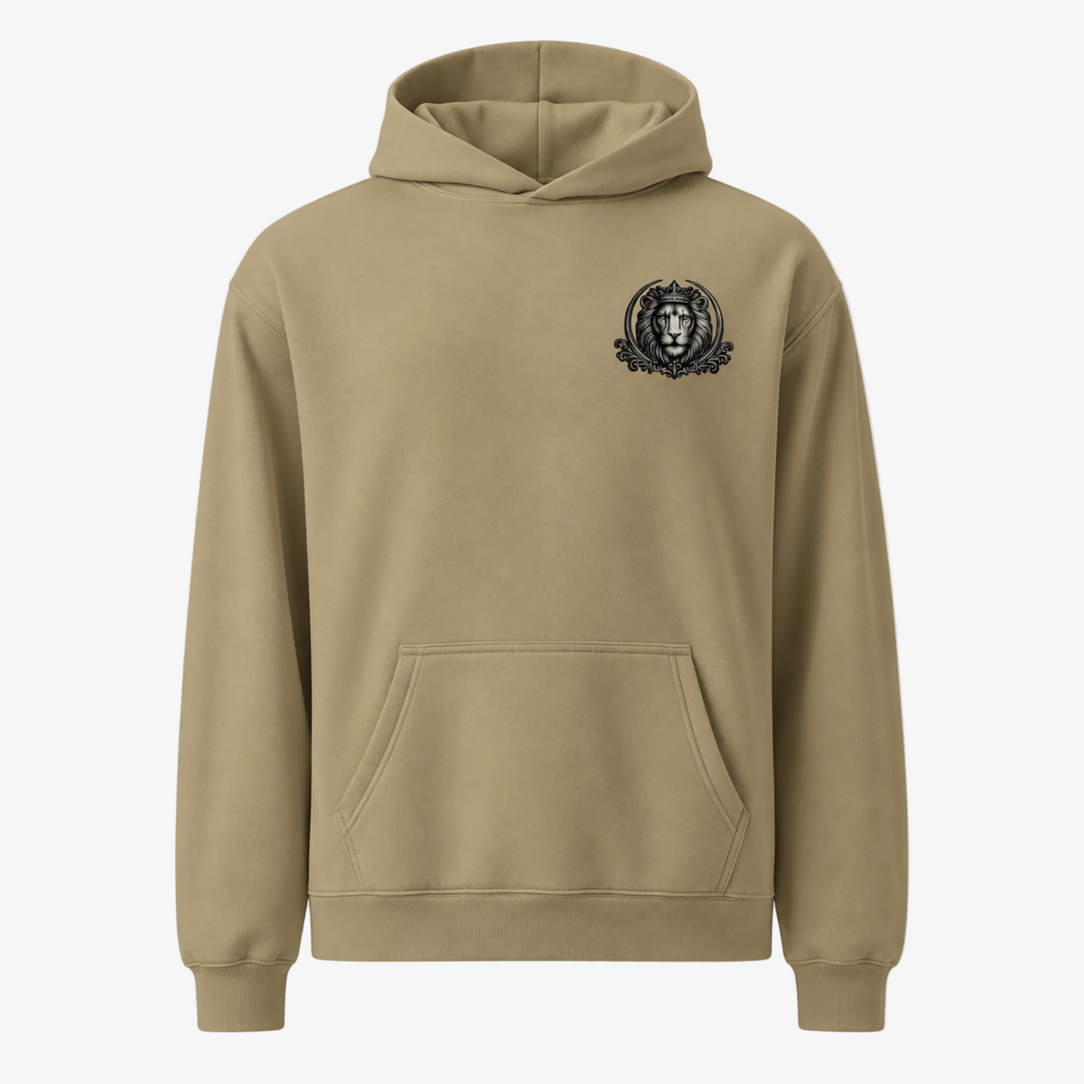 Front ghost mockup of the sand Strong & Courageous pullover hoodie, featuring a small black crowned lion crest on the left chest.