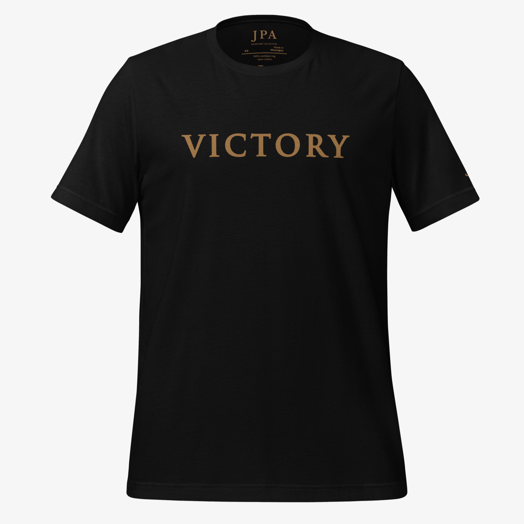 A black short-sleeve crewneck t-shirt with the word 'VICTORY' printed across the chest in a metallic gold serif font. The brand 'JPA' is visible on the inner neck label.