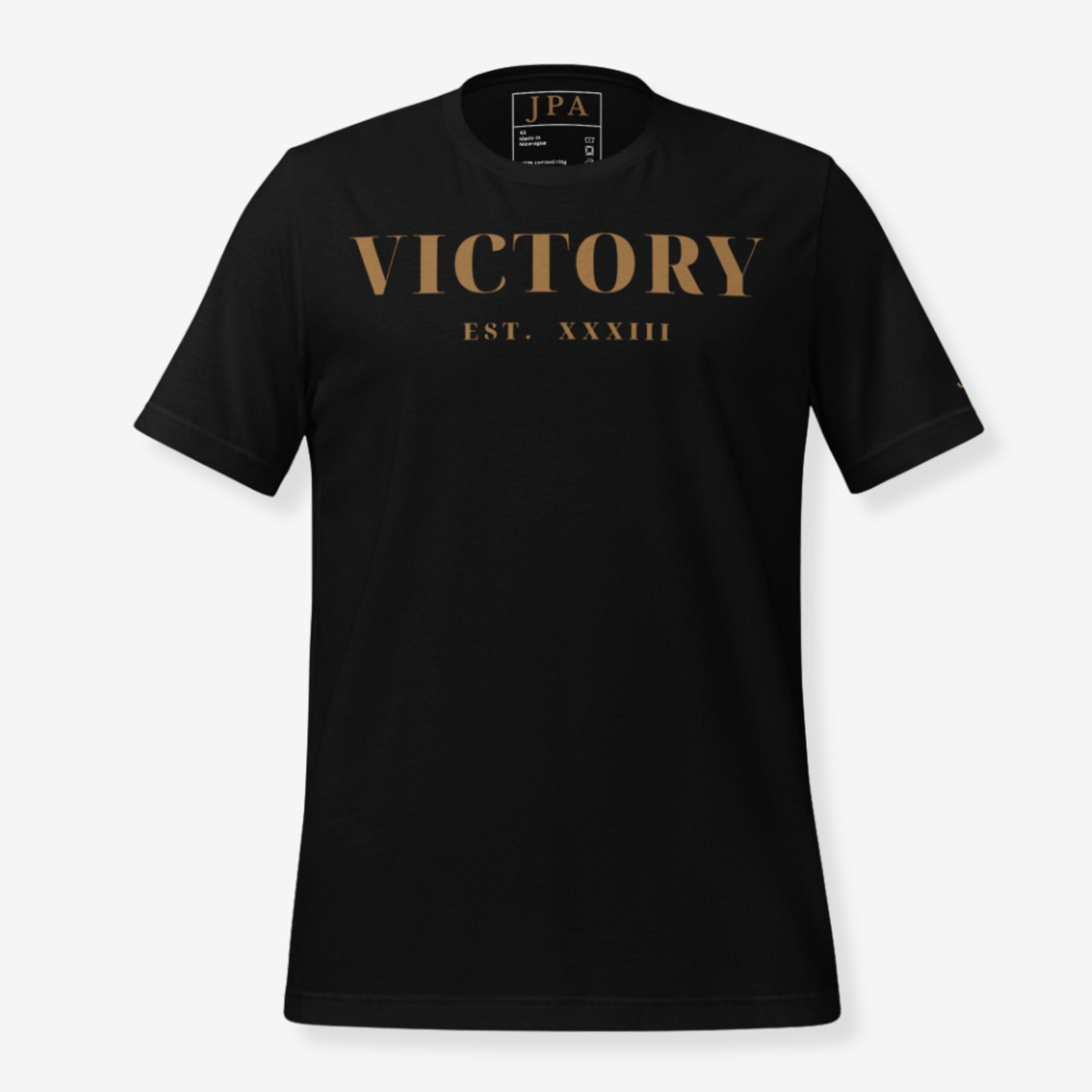 Black t-shirt with 'VICTORY EST. XXXIII' printed in gold on a white background