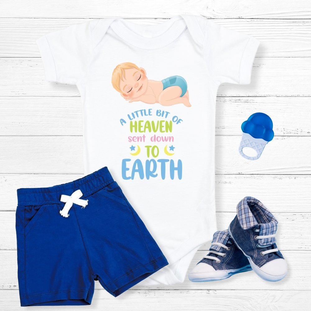 A Little Bit of Heaven Sent Down to Earth Bodysuit Personalized Baby Boy Blonde Hair - Jesus Passion Apparel