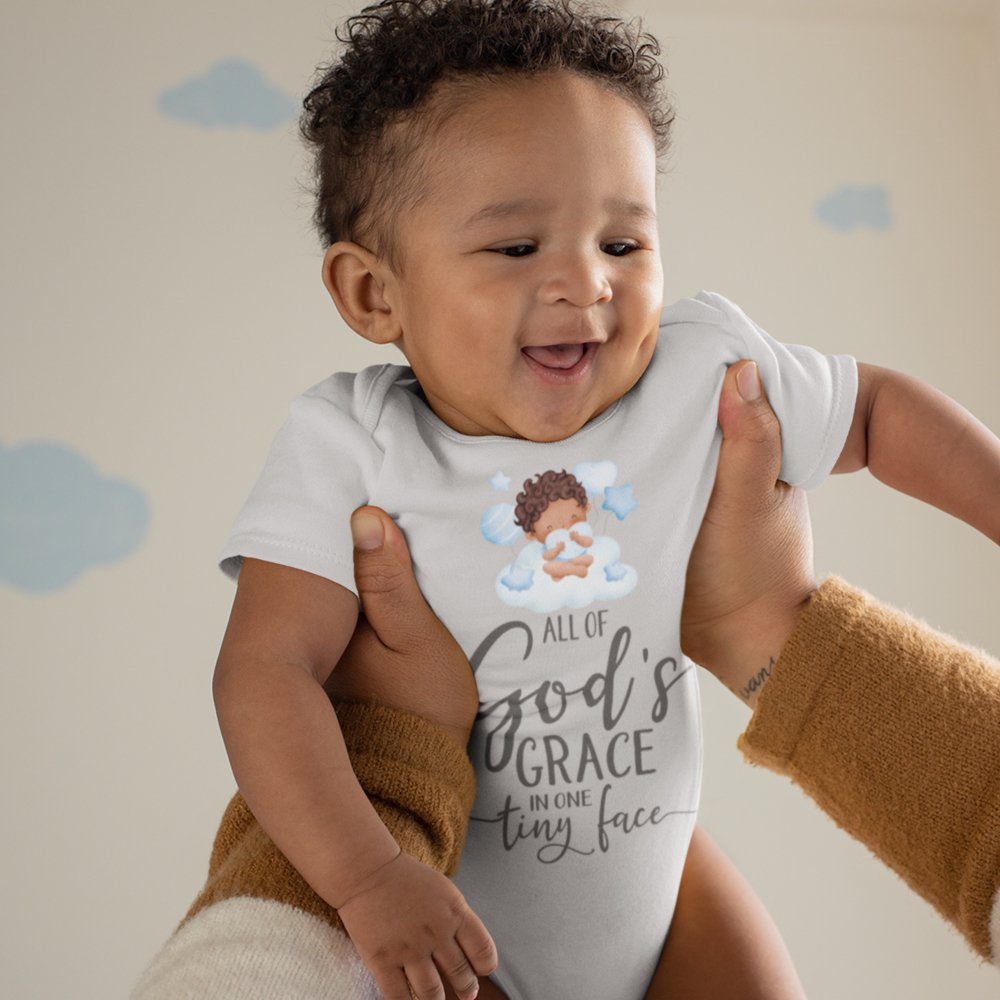 All Of Gods Grace in One Tiny Face Bodysuit Personalized Baby Boy Dark Hair - Jesus Passion Apparel