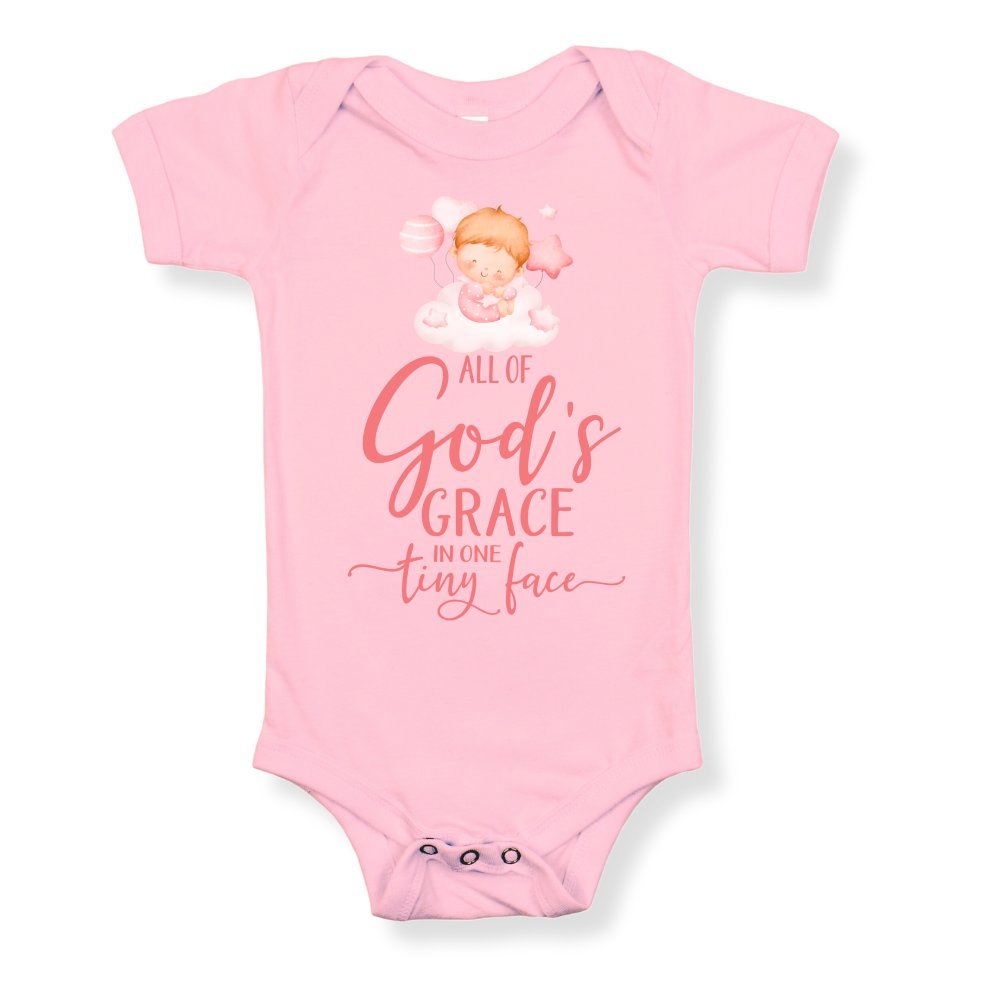 All Of Gods Grace in One Tiny Face Pink Lettering Personalized Baby Girl Blonde Hair - Jesus Passion Apparel