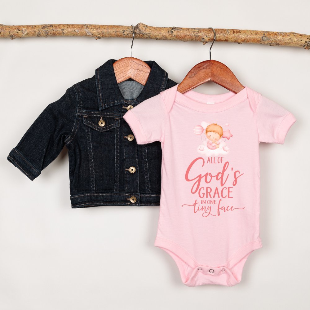 All Of Gods Grace in One Tiny Face Pink Lettering Personalized Baby Girl Blonde Hair - Jesus Passion Apparel