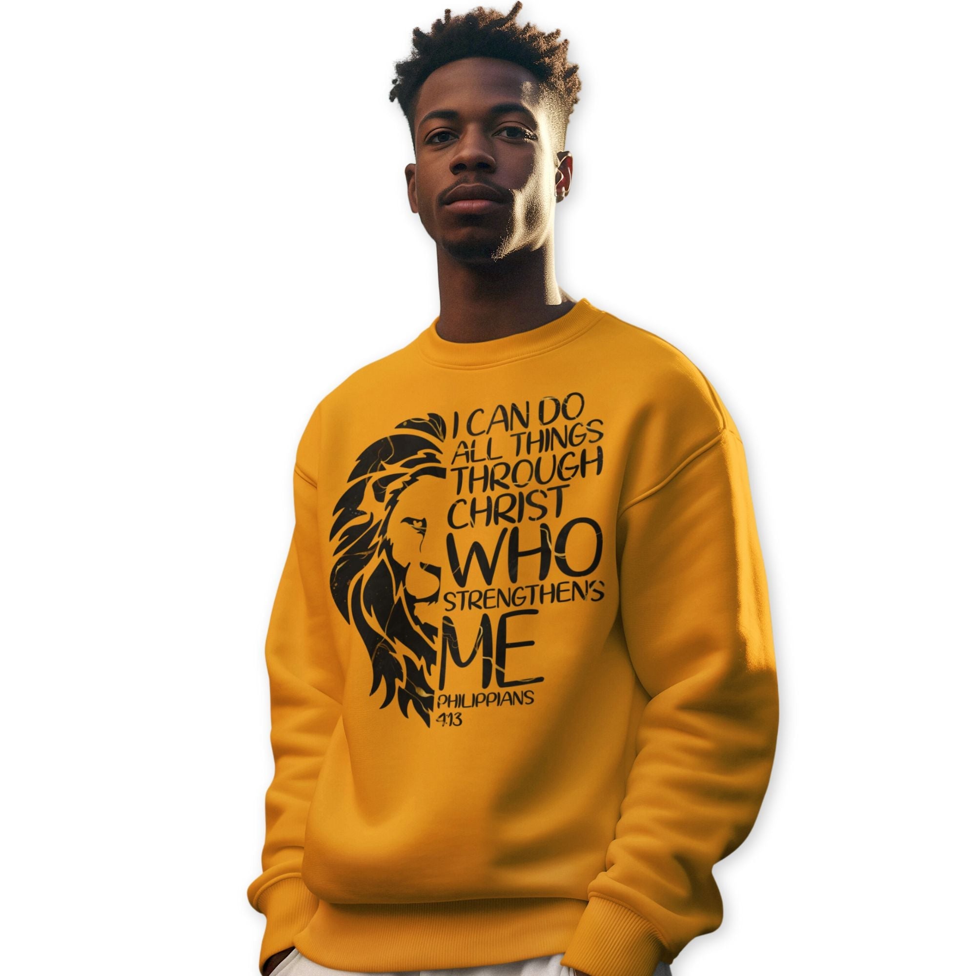 All Through Christ Men's Fleece Unisex - Fit Sweatshirt - Gold - Jesus Passion Apparel