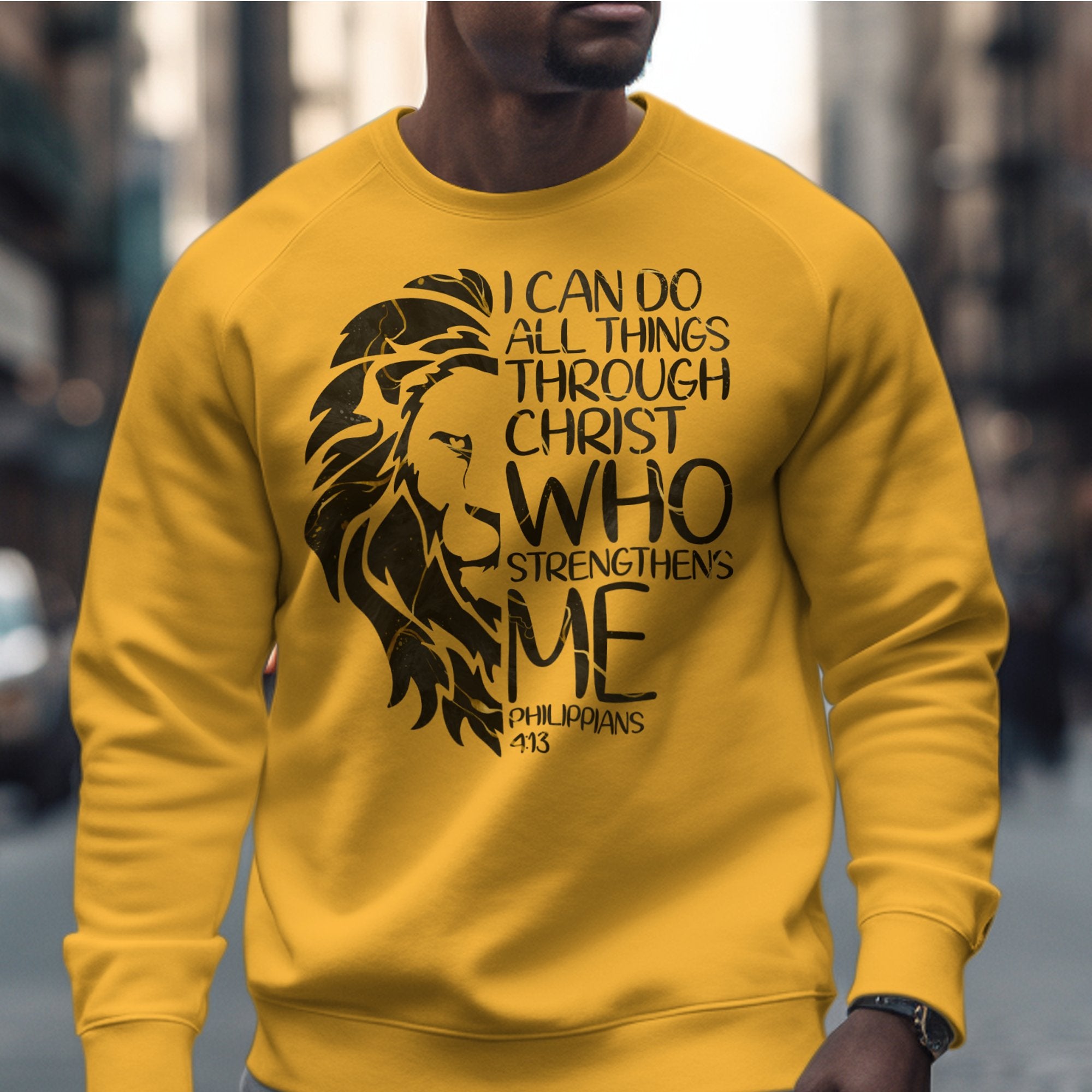 All Through Christ Men's Fleece Unisex - Fit Sweatshirt - Gold - Jesus Passion Apparel