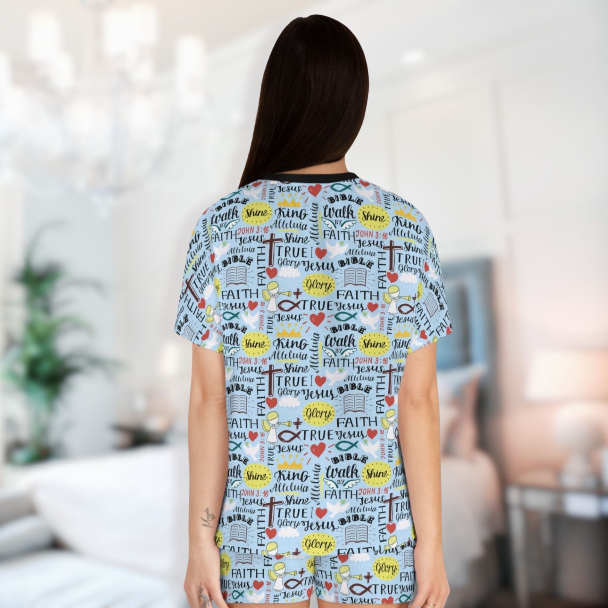 Angel Bedtime Affirmations Women's Sky Blue Lounge / Pajama Pants Women's Sky Blue Short Pajama Set - Matching Lounge / Pajama Pants and Indoor Slippers Available - Jesus Passion Apparel