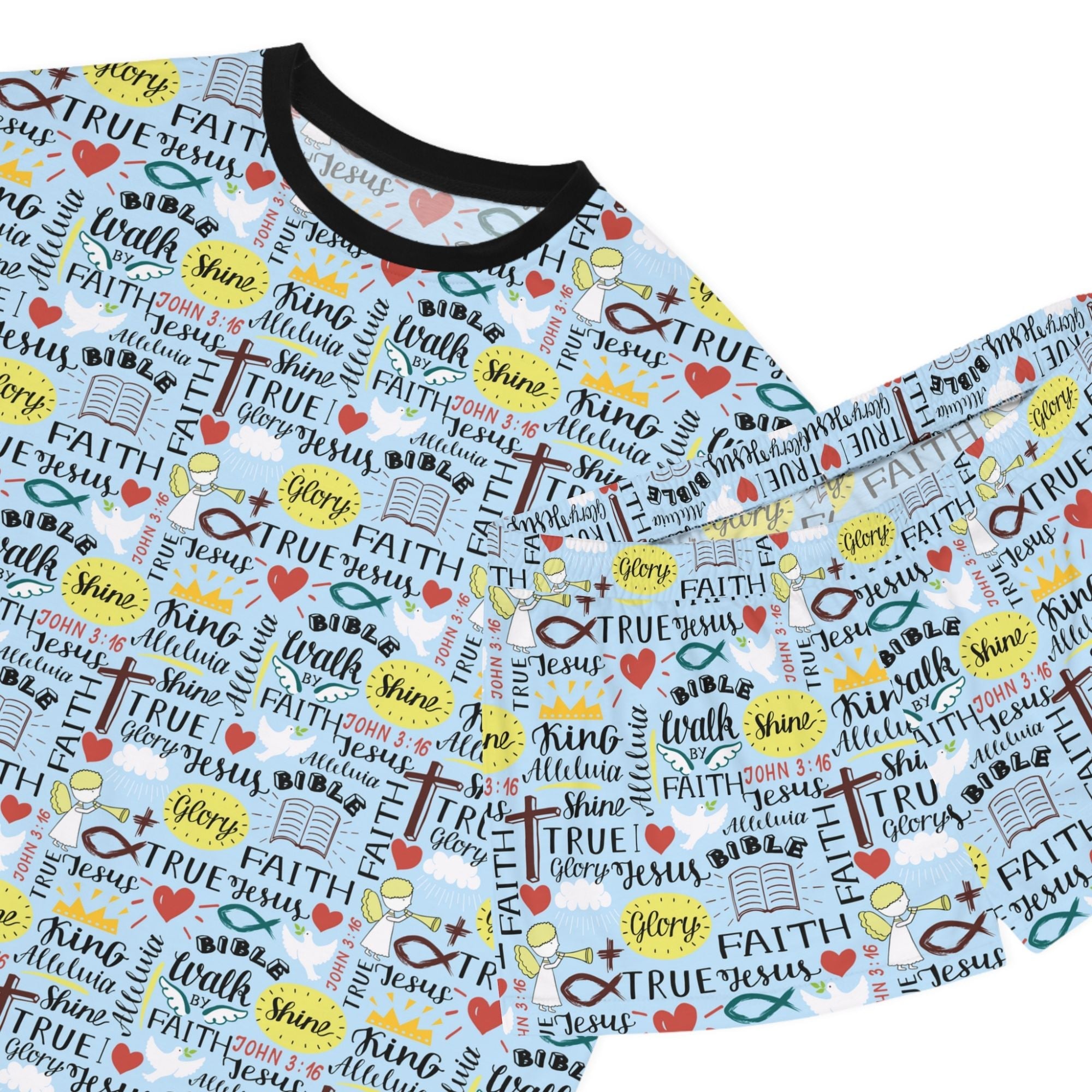 Angel Bedtime Affirmations Women's Sky Blue Lounge / Pajama Pants Women's Sky Blue Short Pajama Set - Matching Lounge / Pajama Pants and Indoor Slippers Available - Jesus Passion Apparel