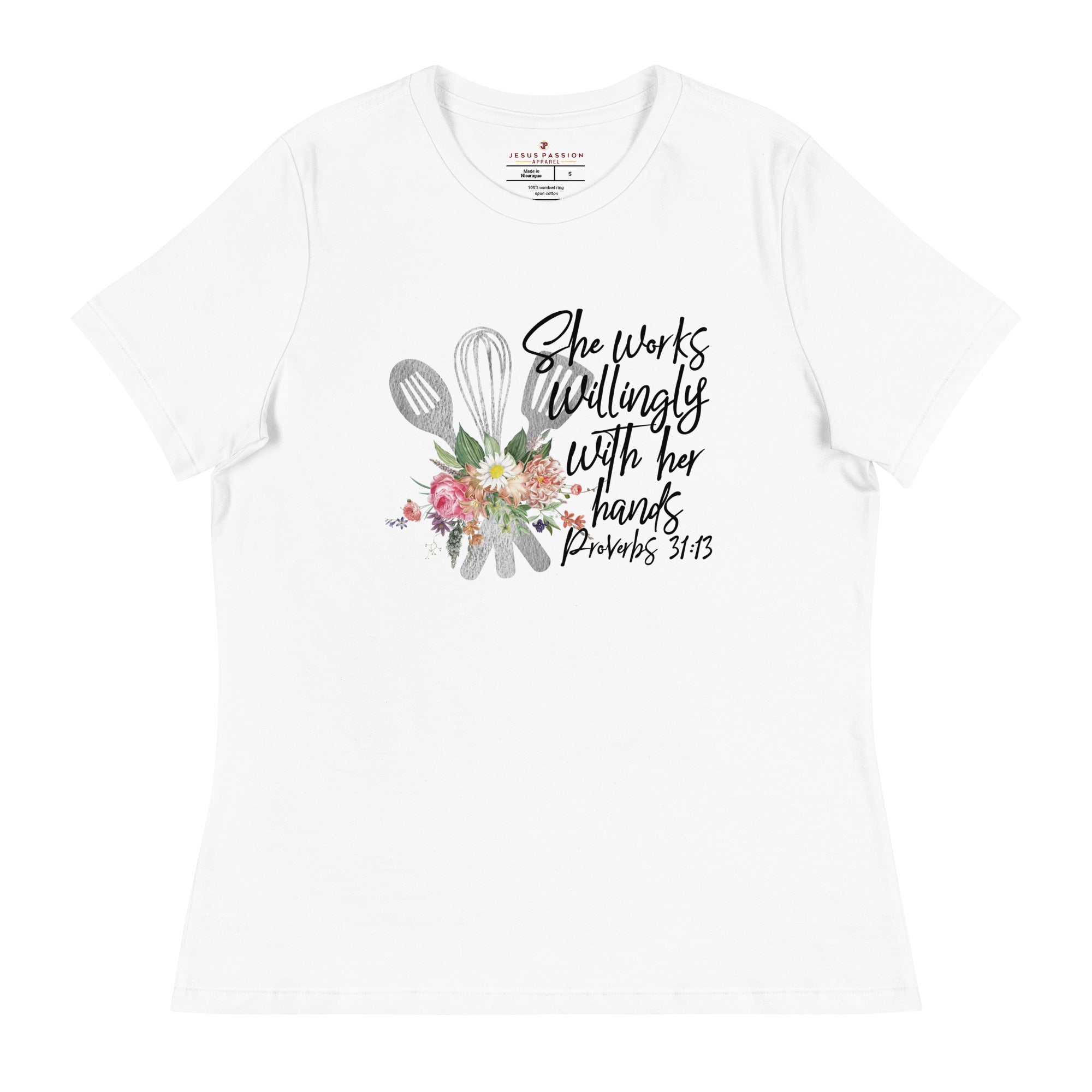 chef she works willingly womens-relaxed-t-shirt-white-front-flat Jesus Passion Apparel